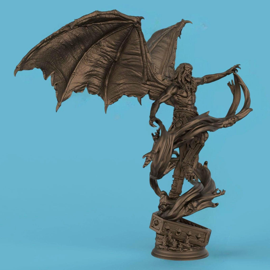 3D-printed statue of Elder Vampire Theldranax, a demonic figure with massive wings, sharp horns, and a muscular form. Twisting spectral hands and tendrils rise from the base, entwining the vampire as he looms with an ominous, commanding presence.