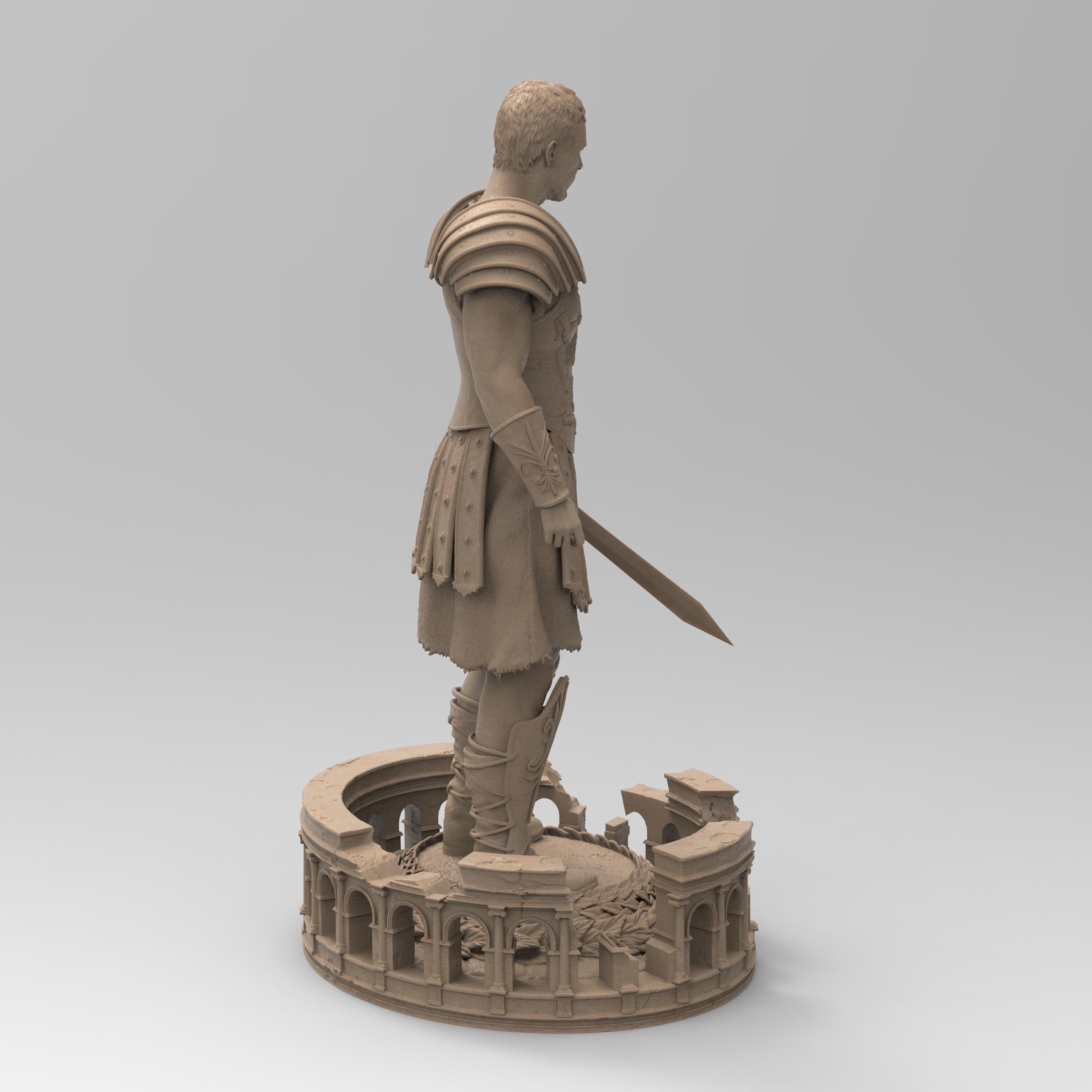 Statuette of The Gladiator, depicted in detailed armor with a sword in hand, standing confidently on a base featuring an intricate colosseum design and laurel accents.