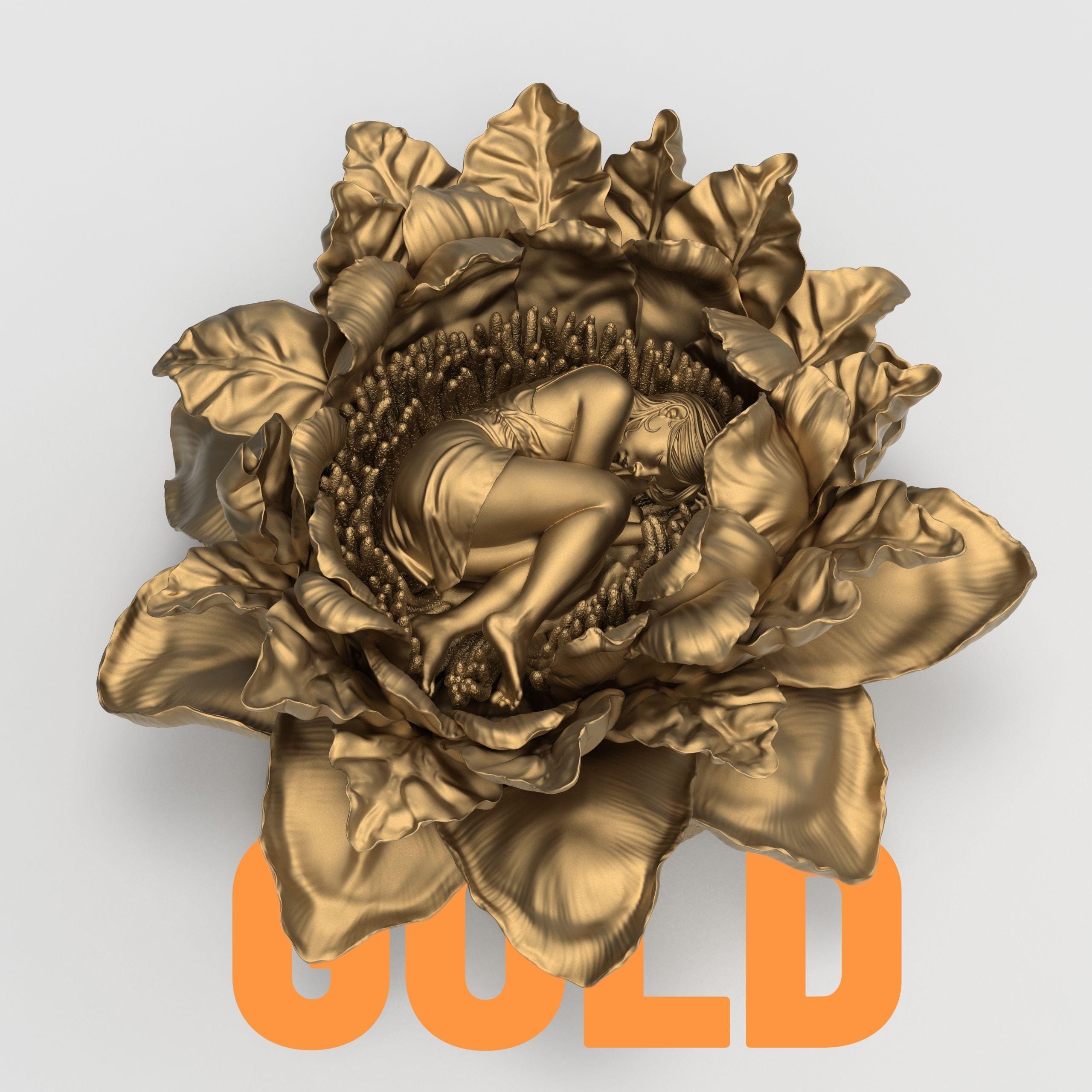 Intricate 3D-printed sculpture of a young woman peacefully curled up and sleeping within the center of a large blooming flower. The figure is detailed with delicate petals and lifelike textures, available in both unpainted and hand-painted versions. The painted model features deep red petals and a pale yellow dress, creating a dreamy, fairytale-like appearance.