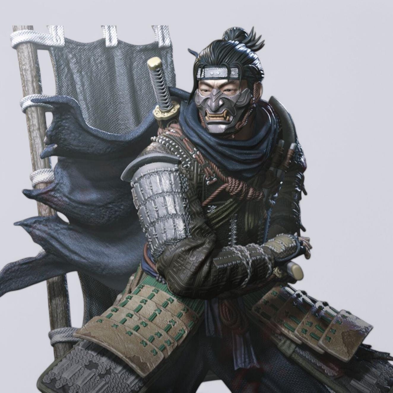 Jin Sakai from Ghost of Tsushima in a dynamic pose, gripping his katana. He wears samurai armor with a flowing scarf and a battle-worn flag behind him. The base features broken structures and rocks, symbolizing the fallen Shogunate era.