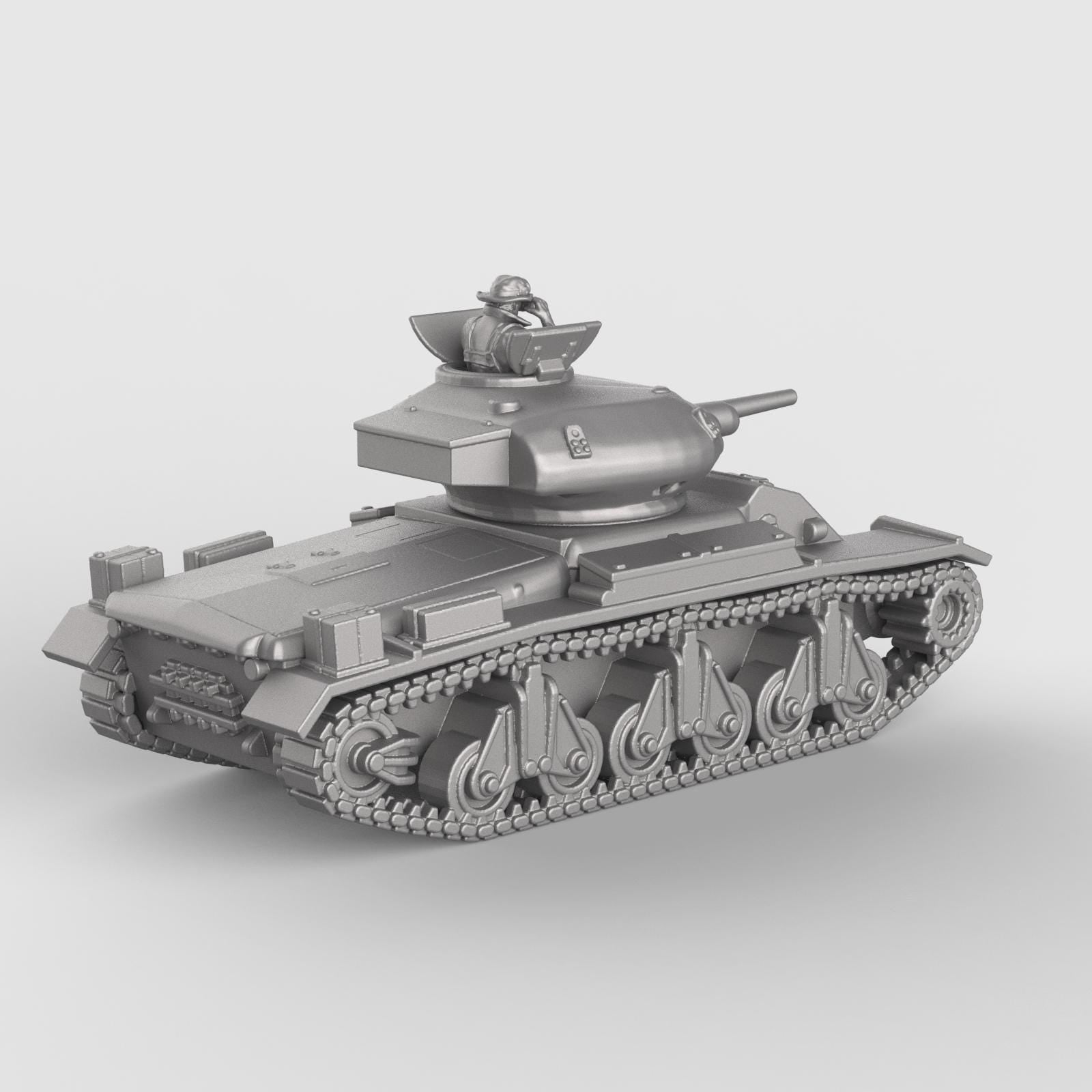 3D model of the Sentinel AC1 tank, featuring rounded turret with mounted gunner figure, smooth armored hull, and distinctive suspension with four large bogies per side, shown in metallic silver finish.