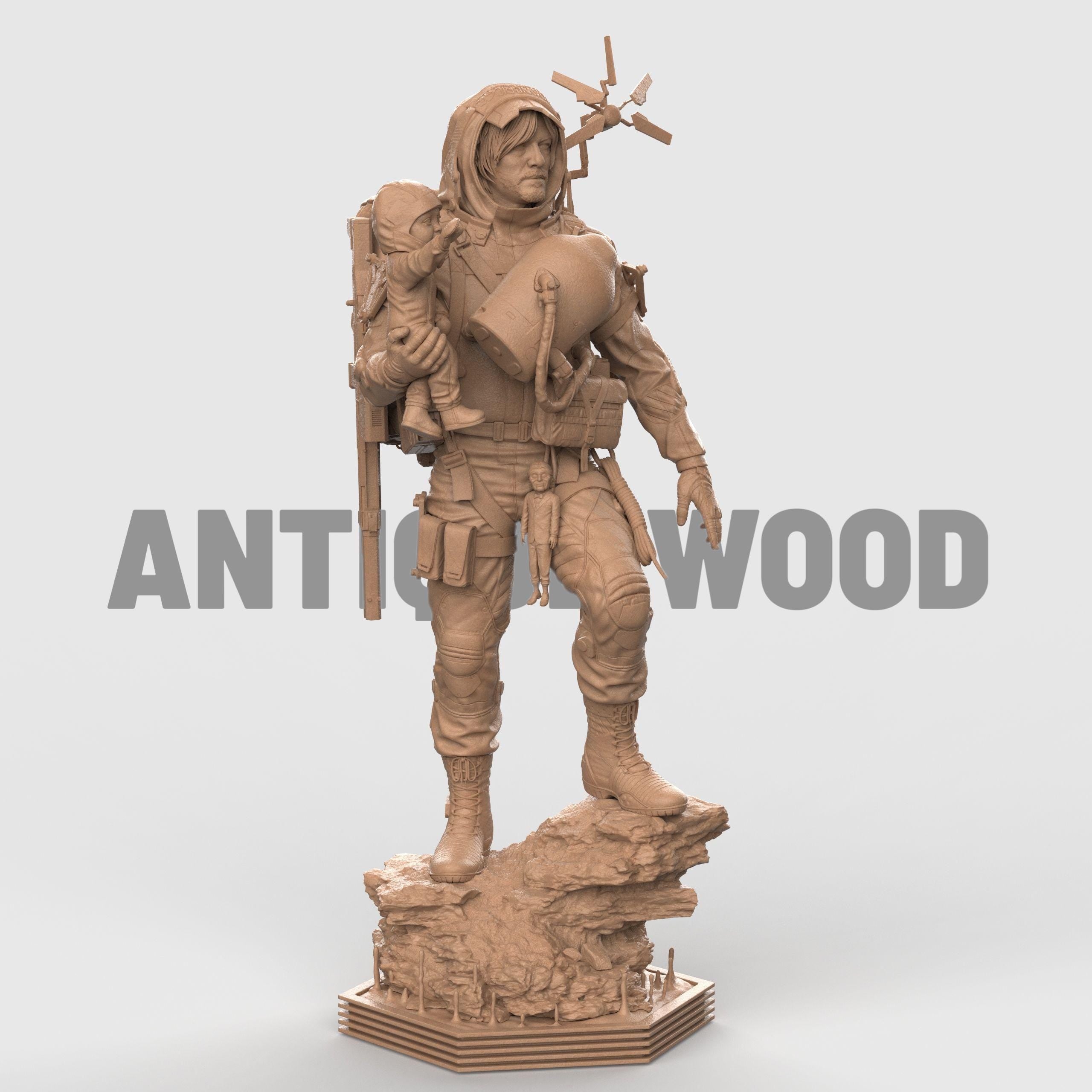 Delivery Man figurine depicting a rugged adventurer in detailed gear carrying supplies and equipment, standing firmly on a rocky base, available as an unpainted resin model.