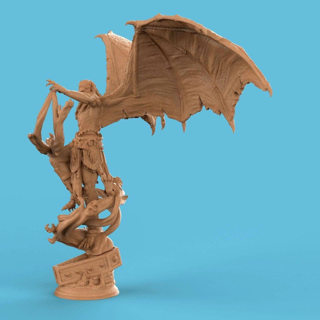 3D-printed statue of Elder Vampire Theldranax, a demonic figure with massive wings, sharp horns, and a muscular form. Twisting spectral hands and tendrils rise from the base, entwining the vampire as he looms with an ominous, commanding presence.