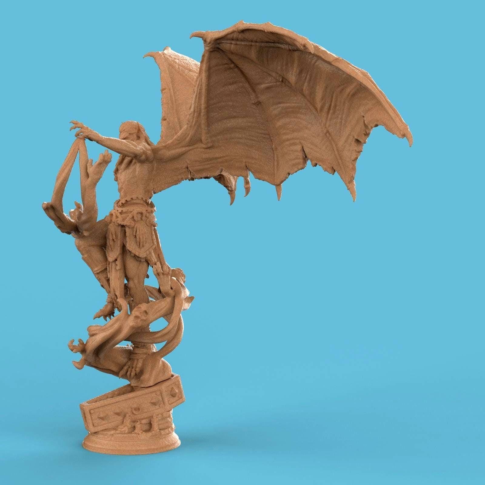 3D-printed statue of Elder Vampire Theldranax, a demonic figure with massive wings, sharp horns, and a muscular form. Twisting spectral hands and tendrils rise from the base, entwining the vampire as he looms with an ominous, commanding presence.