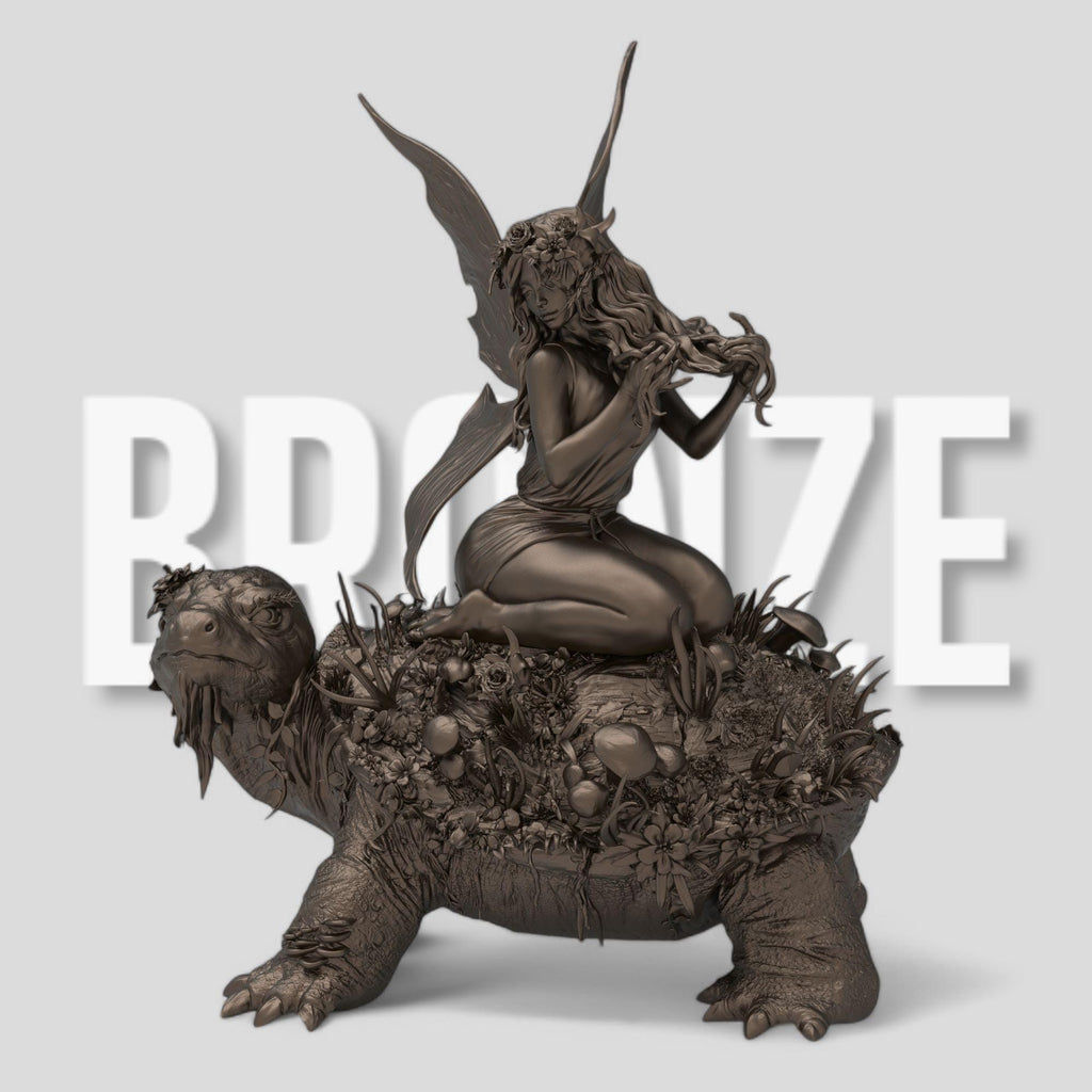 A delicate fairy with flowing hair and floral accessories sits atop a large turtle covered in lush vegetation. She gracefully plays with her hair, her translucent wings extending behind her. The turtle&#39;s wise expression adds to the enchanting scene.