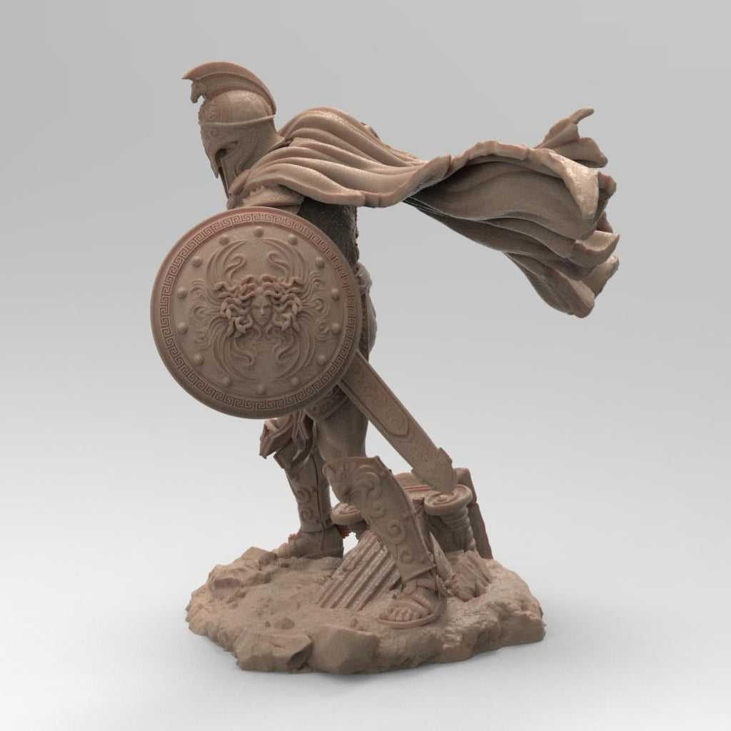 Detailed 3D-printed statue of Perseus in dynamic battle pose, holding a sword and shield, wearing intricately designed armor and a flowing cape, standing on a base with broken columns and rubble.