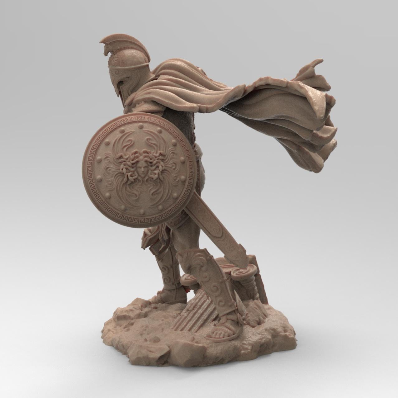Detailed 3D-printed statue of Perseus in dynamic battle pose, holding a sword and shield, wearing intricately designed armor and a flowing cape, standing on a base with broken columns and rubble.