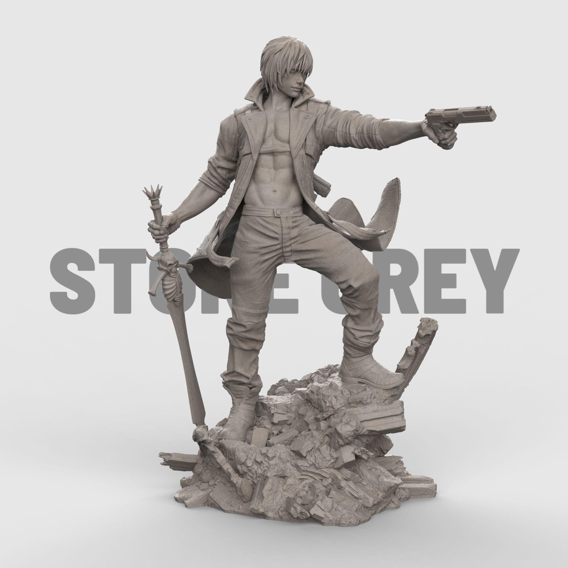 Dante figurine posed dynamically on rocky terrain, wearing a flowing red coat and holding a pistol aimed forward, with detailed sculpting and painted finish.