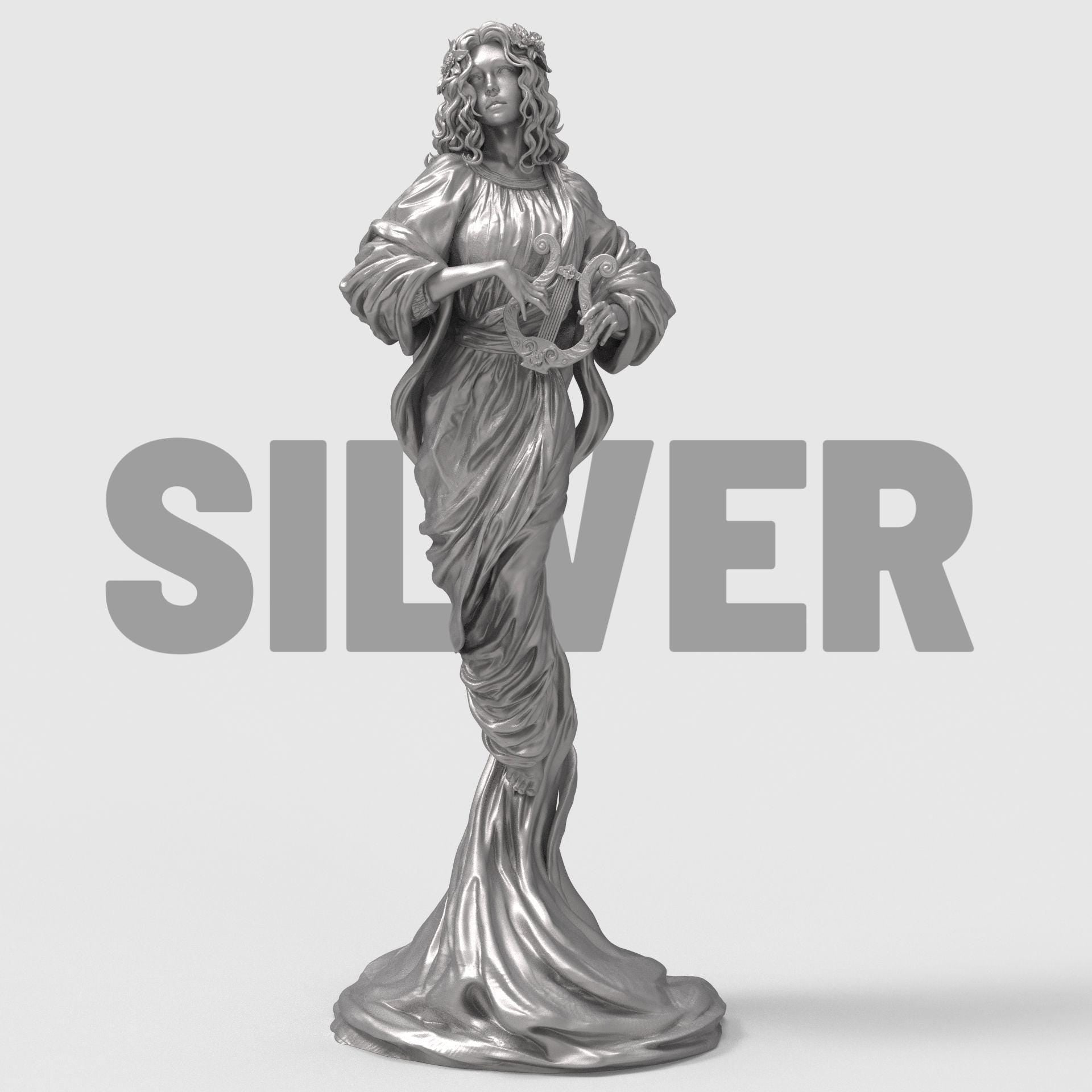 The Muse statuette featuring a graceful woman in flowing robes holding a lyre, with detailed drapery and serene expression, available in fully painted and unpainted resin versions.