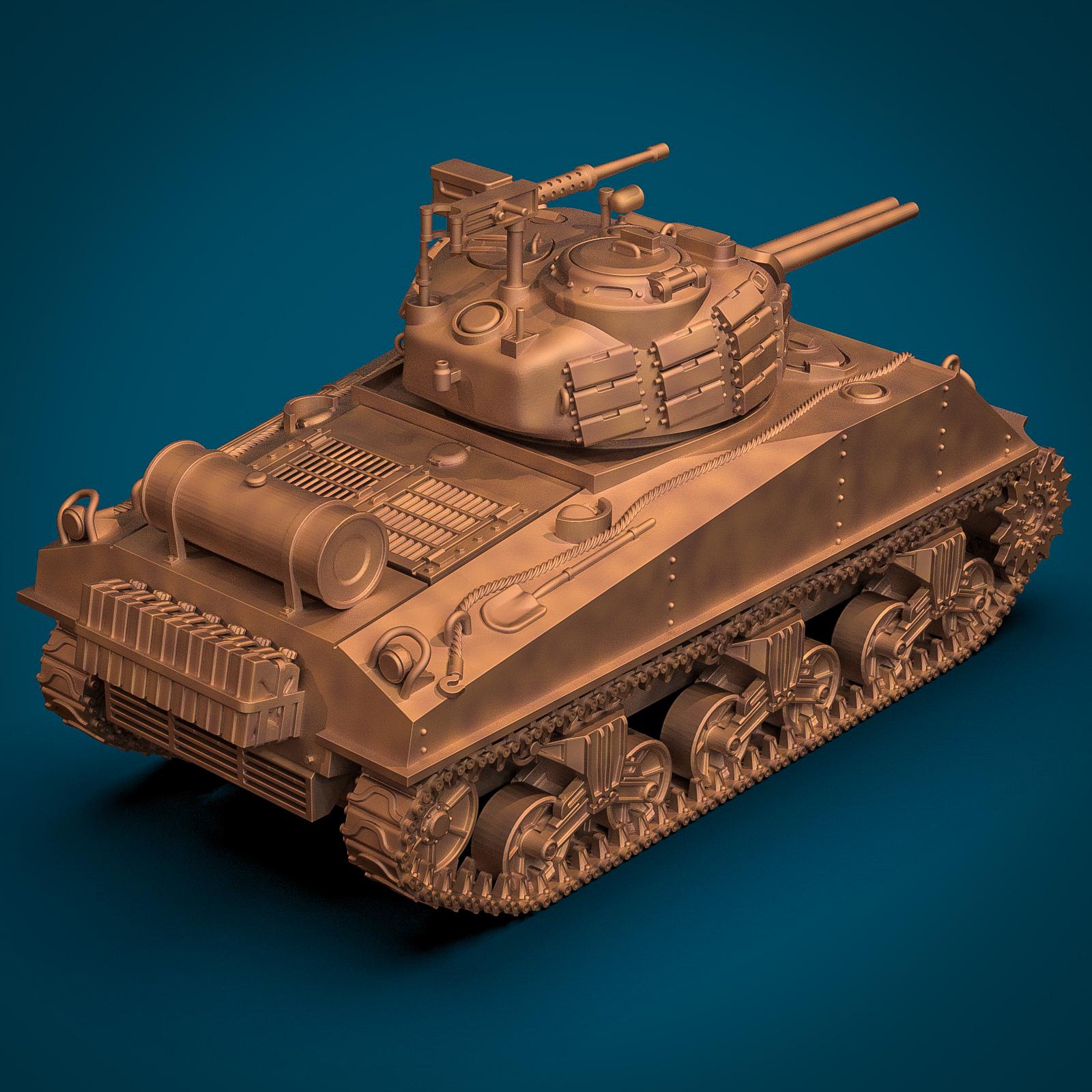 M4A3R3 Sherman Zippo tank miniature featuring detailed WWII US flamethrower tank design, twin barrels, armored turret, realistic tracks, and surface panel details. Resin military model for tabletop wargaming, dioramas, and collectors.