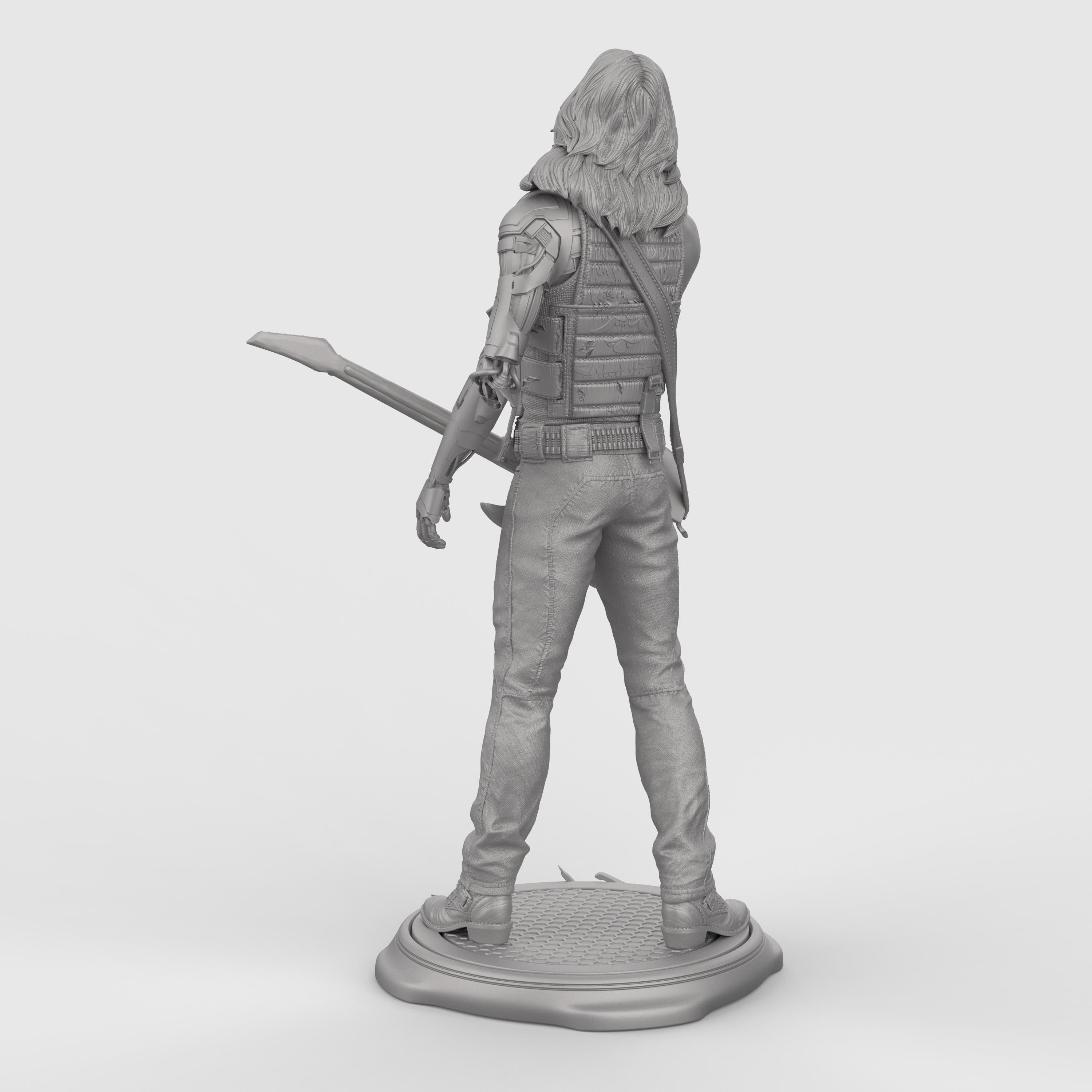 Highly detailed Johnny collectible statue inspired by Cyberpunk, featuring the iconic rocker with cybernetic arm, tactical vest, and electric guitar slung across his body. Posed mid-smoke on a stylized base. Available in full color, gold, silver, bronze, Stone Gray, Walnut finishes for striking display options.