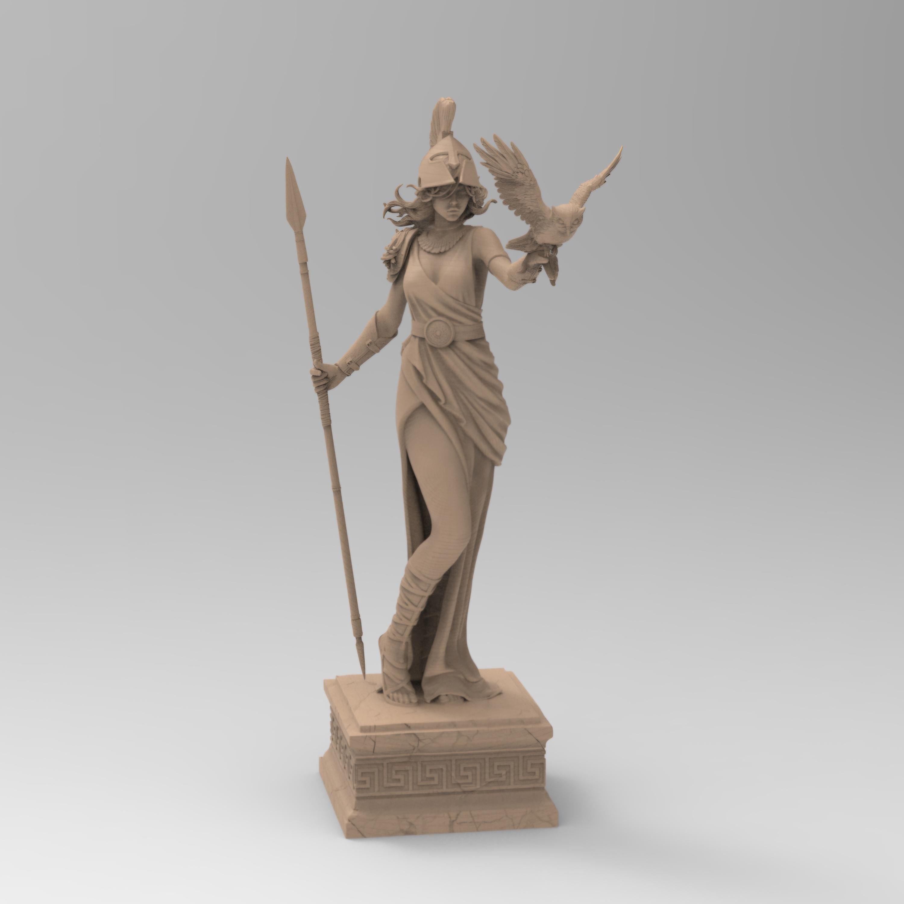Statue of Athena, the Greek goddess of wisdom, featuring a detailed helmet, flowing robe, spear, and an owl perched on her arm, standing gracefully on a decorative pedestal.