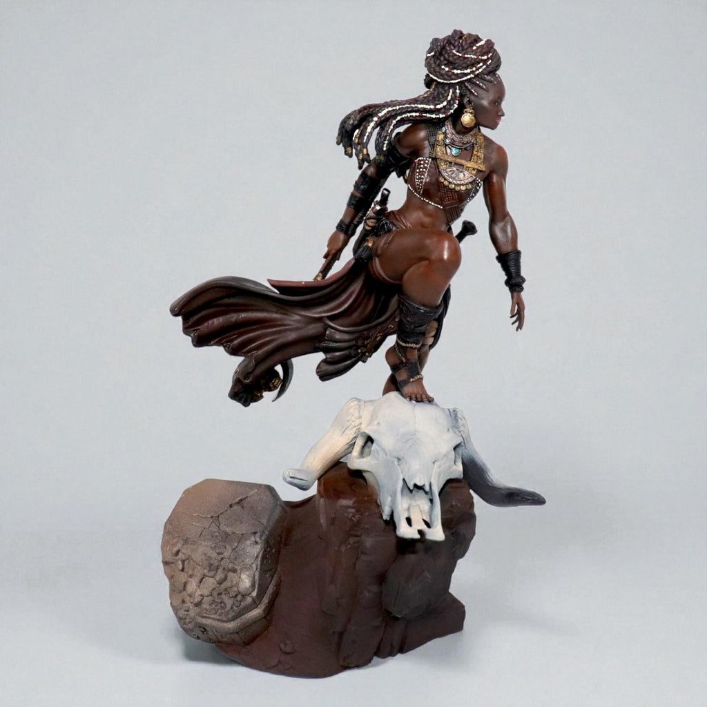 Elzebe, the Warrior Queen, stands atop a rocky skull, exuding strength and regality. Clad in intricate armor, her braided hair flows as she surveys the battlefield. A fierce leader, she embodies resilience and power, a true queen of war and legend.