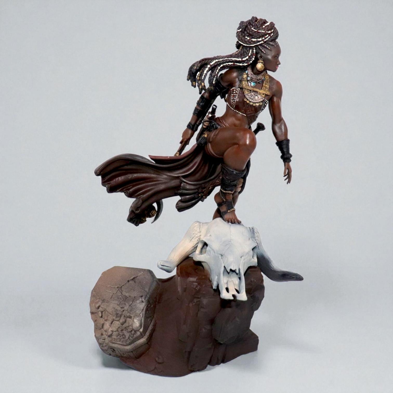 Elzebe, the Warrior Queen, stands atop a rocky skull, exuding strength and regality. Clad in intricate armor, her braided hair flows as she surveys the battlefield. A fierce leader, she embodies resilience and power, a true queen of war and legend.