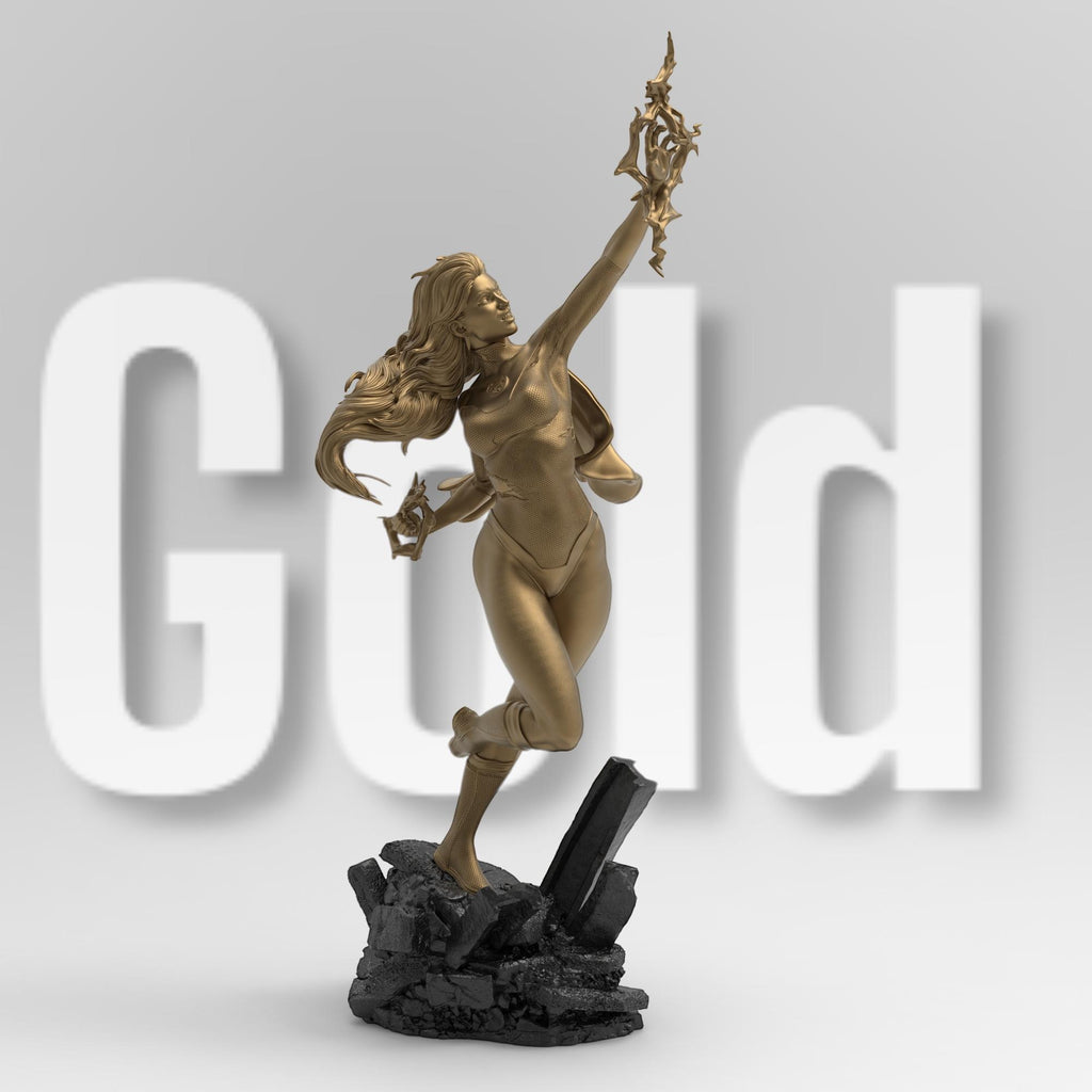 3D-printed statue of Kaira Nova in a dynamic pose, levitating over rocky debris with energy constructs forming around her hands. Detailed sculpt with flowing hair, a cape, and a confident expression, capturing her iconic superhero stance.