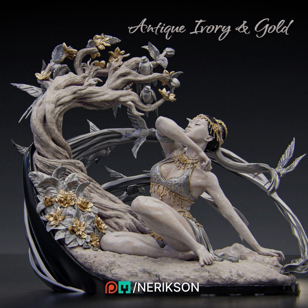Spring’s Awakening captures a serene goddess embraced by nature as she greets the morning breeze. With flowers blooming around her and birds in flight, this sculpture evokes renewal and harmony. Ideal for fantasy lovers and collectors.