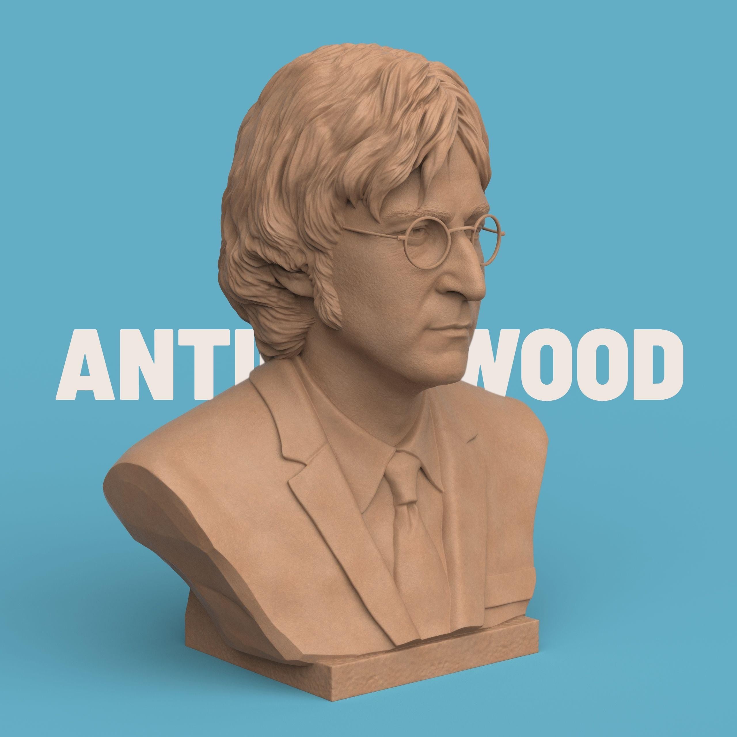 3D-printed bust of John Lennon wearing round glasses and a suit with tie, finely detailed to capture his calm and thoughtful expression — perfect for music fans, collectors, and art displays.