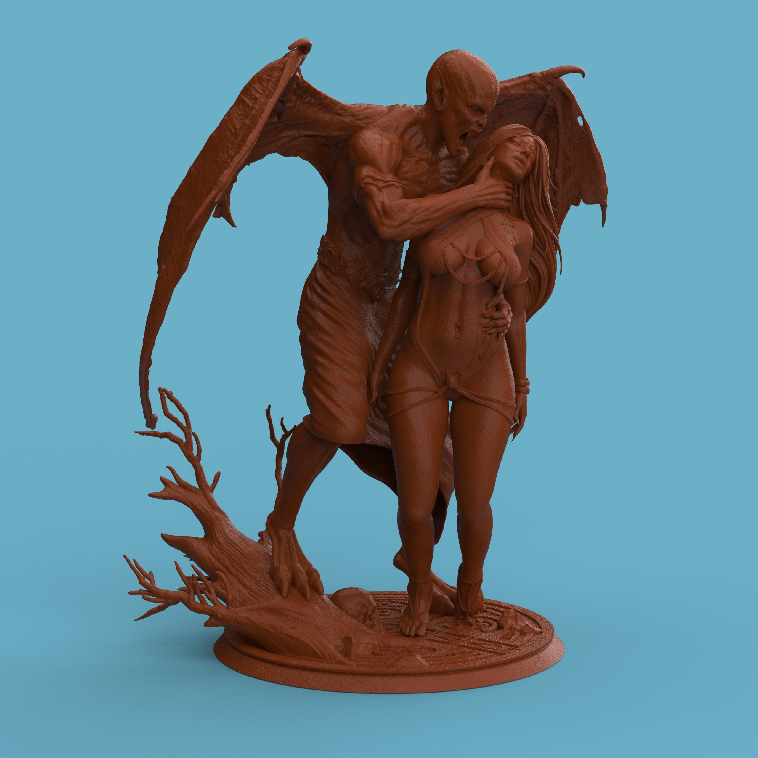 3D-printed Dracula’s Desire figurine featuring a dramatic vampire and victim scene, capturing gothic passion and dark fantasy. The detailed sculpture showcases expressive poses, intricate anatomy, and realistic textures — from tattered wings to flowing hair — symbolizing temptation, dominance, and the timeless allure of the night.