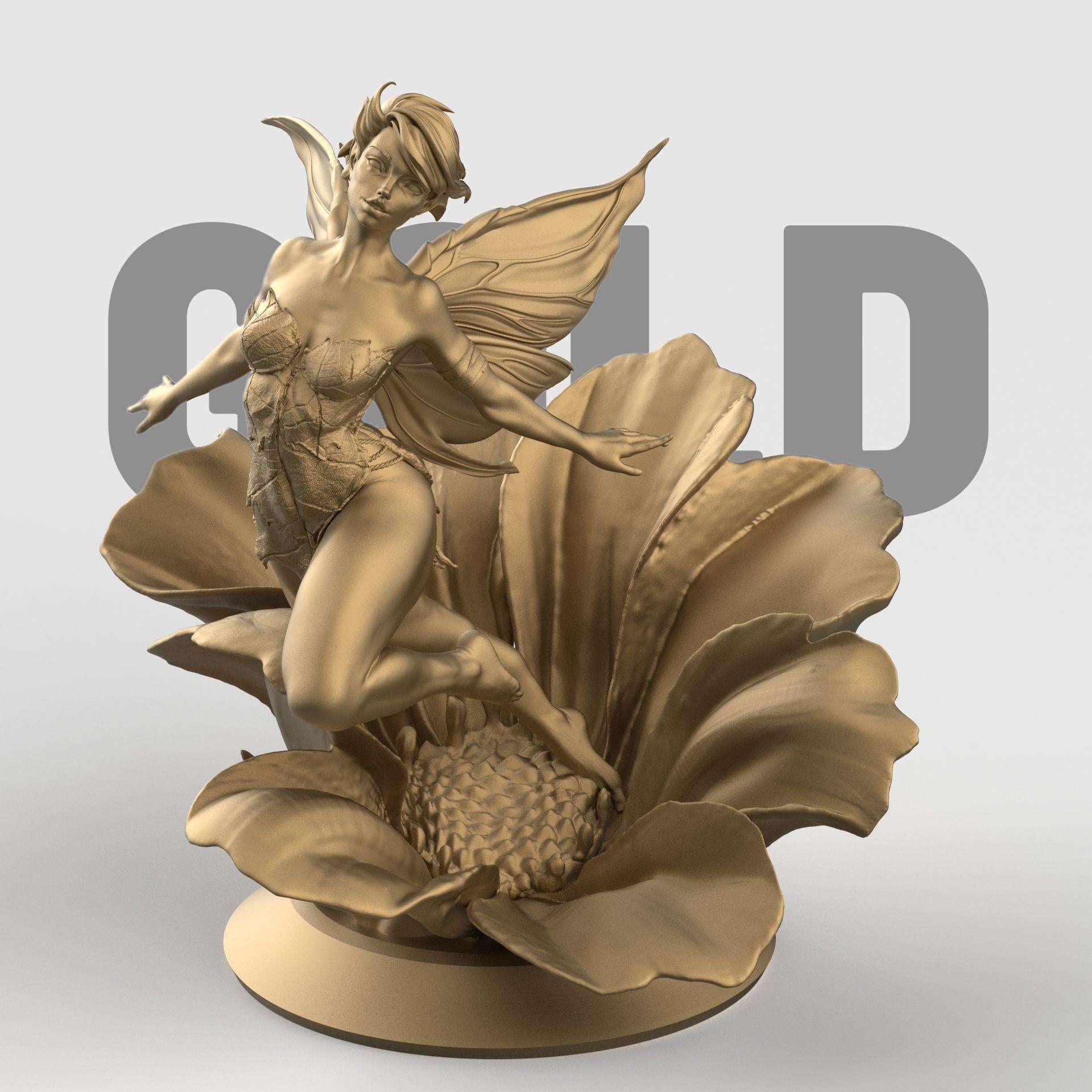 3D-printed figurine of a graceful fairy with delicate wings, poised elegantly atop a blooming flower. The fairy’s flowing form and detailed floral base highlight fantasy artistry, making it a stunning collectible or home décor piece.