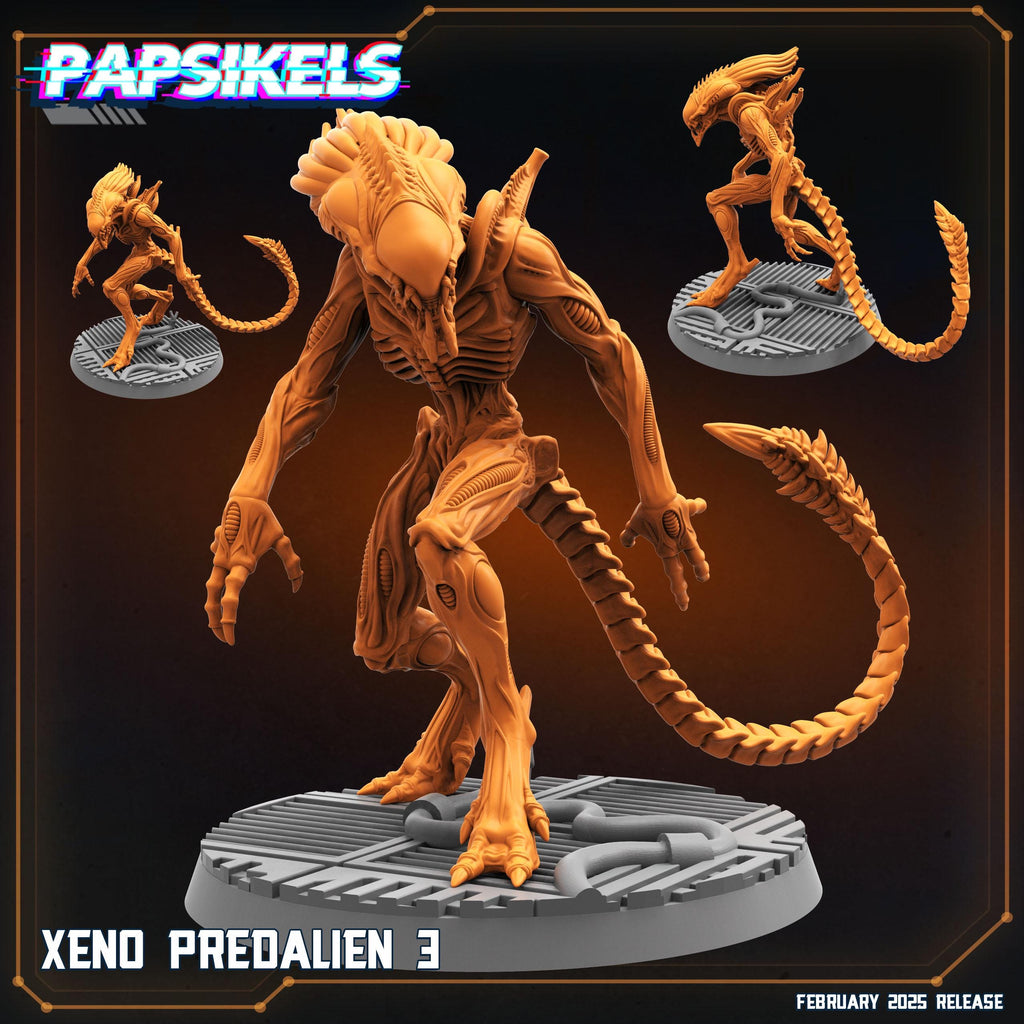A terrifying alien creature with an elongated head, sharp claws, and biomechanical details, standing on a sci-fi platform. Its powerful stance and menacing posture make it a formidable figure, perfect for RPG or tabletop games.