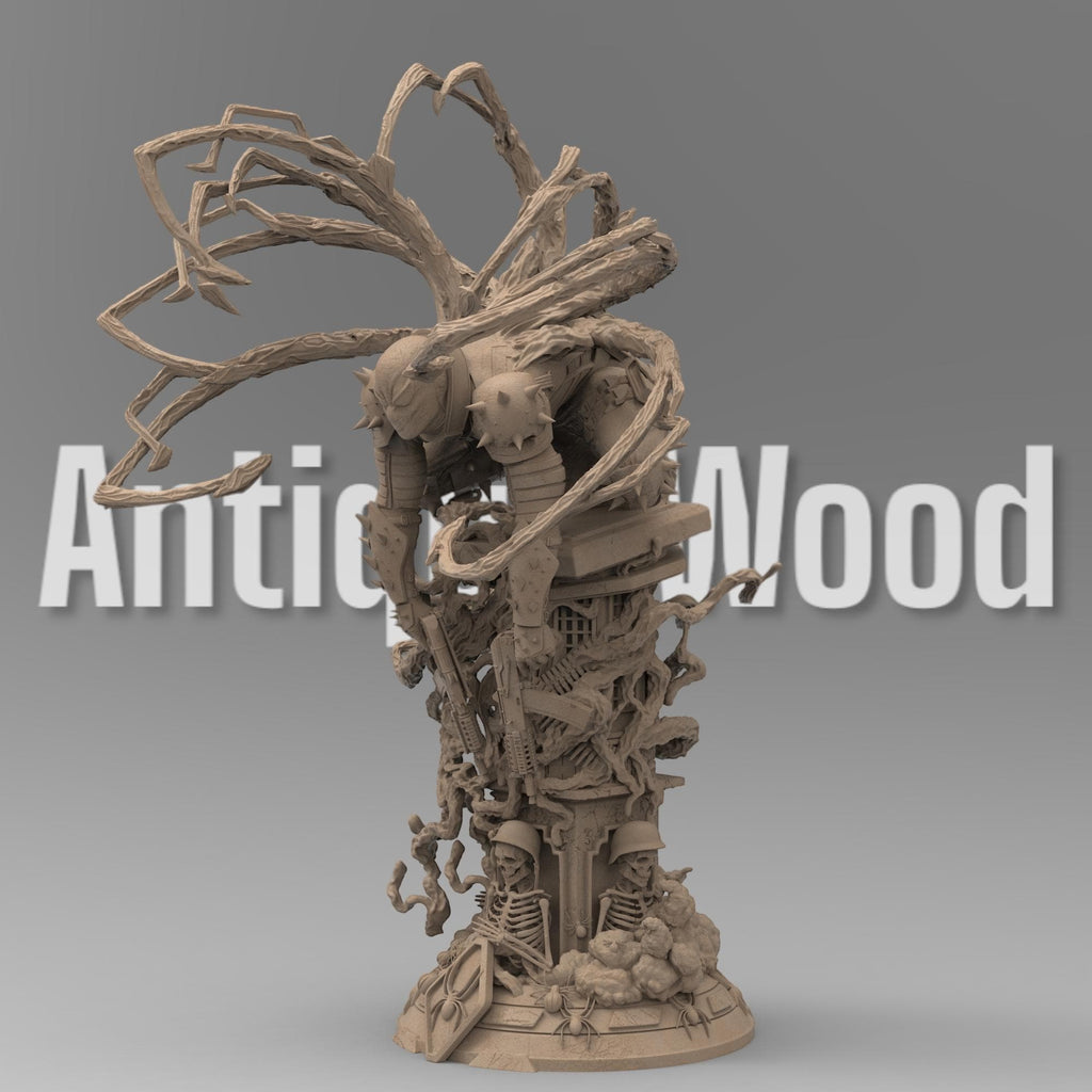 A detailed statue of Venom Agent, posed menacingly atop a chaotic, textured base filled with weaponry and skeletal remains. The figure is covered in spiked armor, with tendrils extending from the back, creating a dynamic and powerful stance.