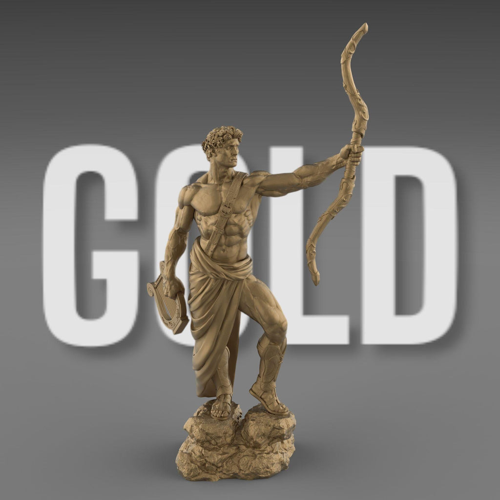 Apollo statue with a bow and lyre, wearing a laurel wreath and draped garment. His heroic stance and muscular form embody divine strength and grace.