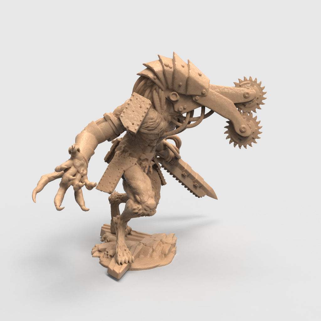 Three views of the Sampaloc War Wolf miniature, a muscular werewolf-like creature with mechanical enhancements. The beast features a large headpiece fitted with twin circular saw blades and wears spiked armor plates on its shoulders. One arm ends in a menacing clawed hand, while the other is equipped with a chainsaw-like weapon. The figure stands on a textured base resembling broken terrain, emphasizing its aggressive and battle-ready posture.