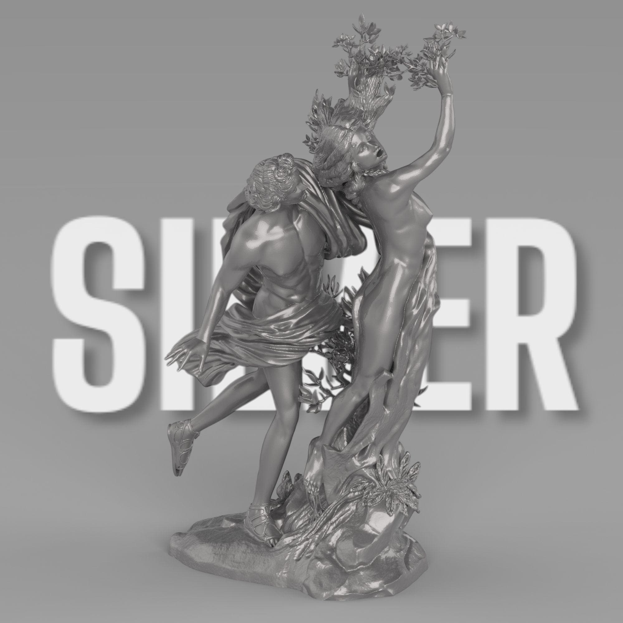 A statue of Apollo reaching for Daphne as she transforms into a laurel tree. Her hands and limbs sprout branches, capturing the dramatic moment of pursuit and escape in intricate detail.