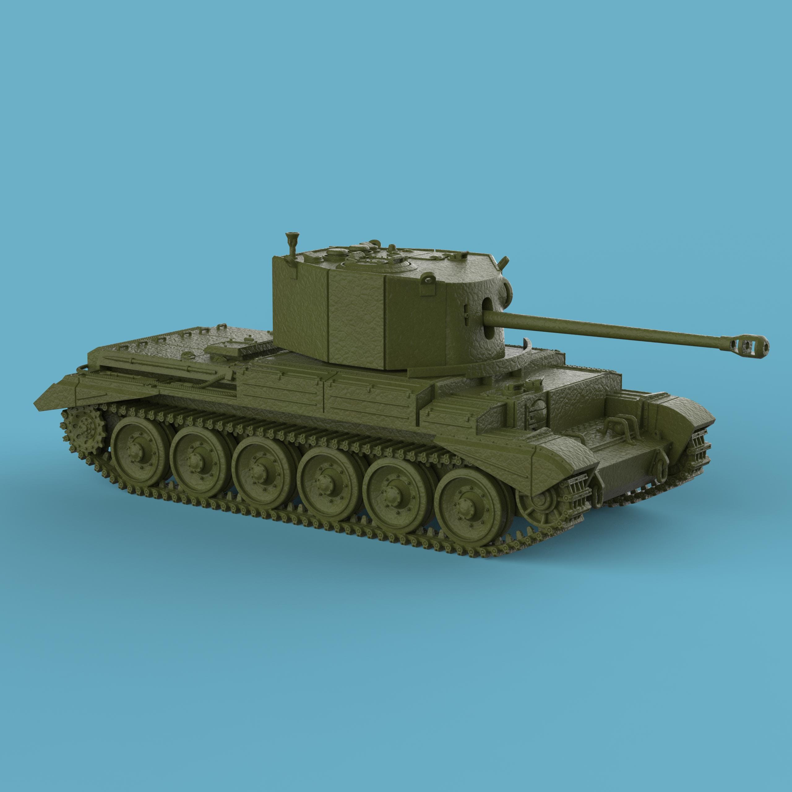 A tabletop miniature model of the A30 Challenger Tank, featuring a detailed turret with a long barrel, six large road wheels on each side, and distinct track and hull details. The model has a textured finish, resembling a scaled-down, resin-cast military tank displayed against a plain blue background.