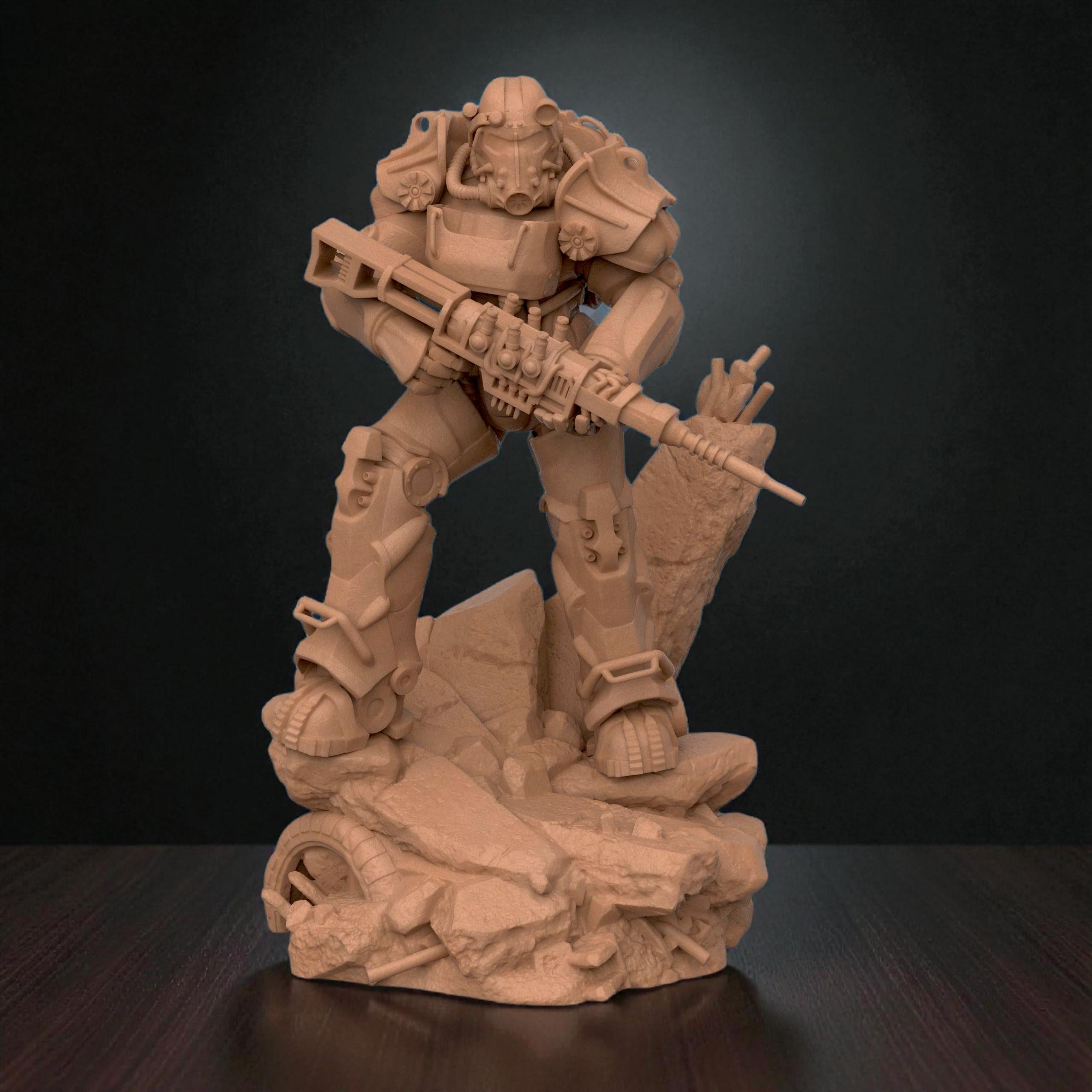 3D-printed T-60 Power Armor figurine featuring a heavily armored soldier standing on a rocky base. The detailed design showcases metallic plating, mechanical joints, and a futuristic energy weapon — a perfect collectible for sci-fi fans and post-apocalyptic enthusiasts.