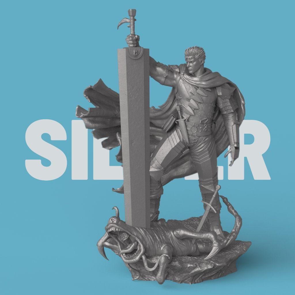 3D-printed Guts figurine featuring a fierce warrior clad in black armor, wielding an enormous sword raised high in victory. The sculpture captures a dramatic moment atop a defeated monster, with a tattered cloak flowing behind him, symbolizing power, resilience, and battle-worn determination.