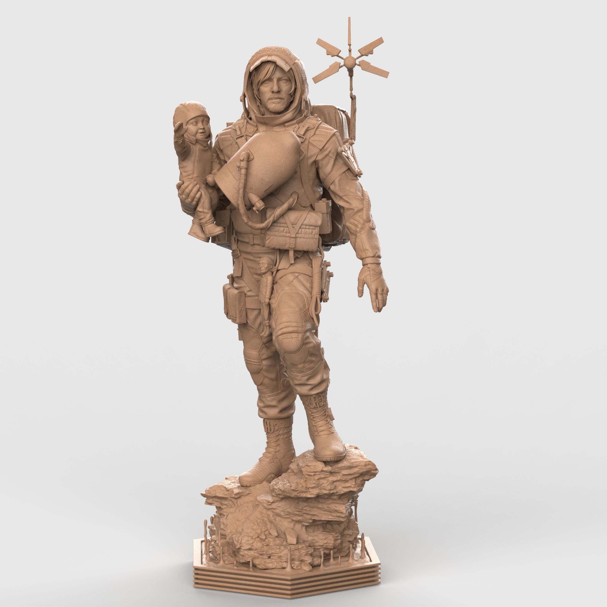 Delivery Man figurine depicting a rugged adventurer in detailed gear carrying supplies and equipment, standing firmly on a rocky base, available as an unpainted resin model.