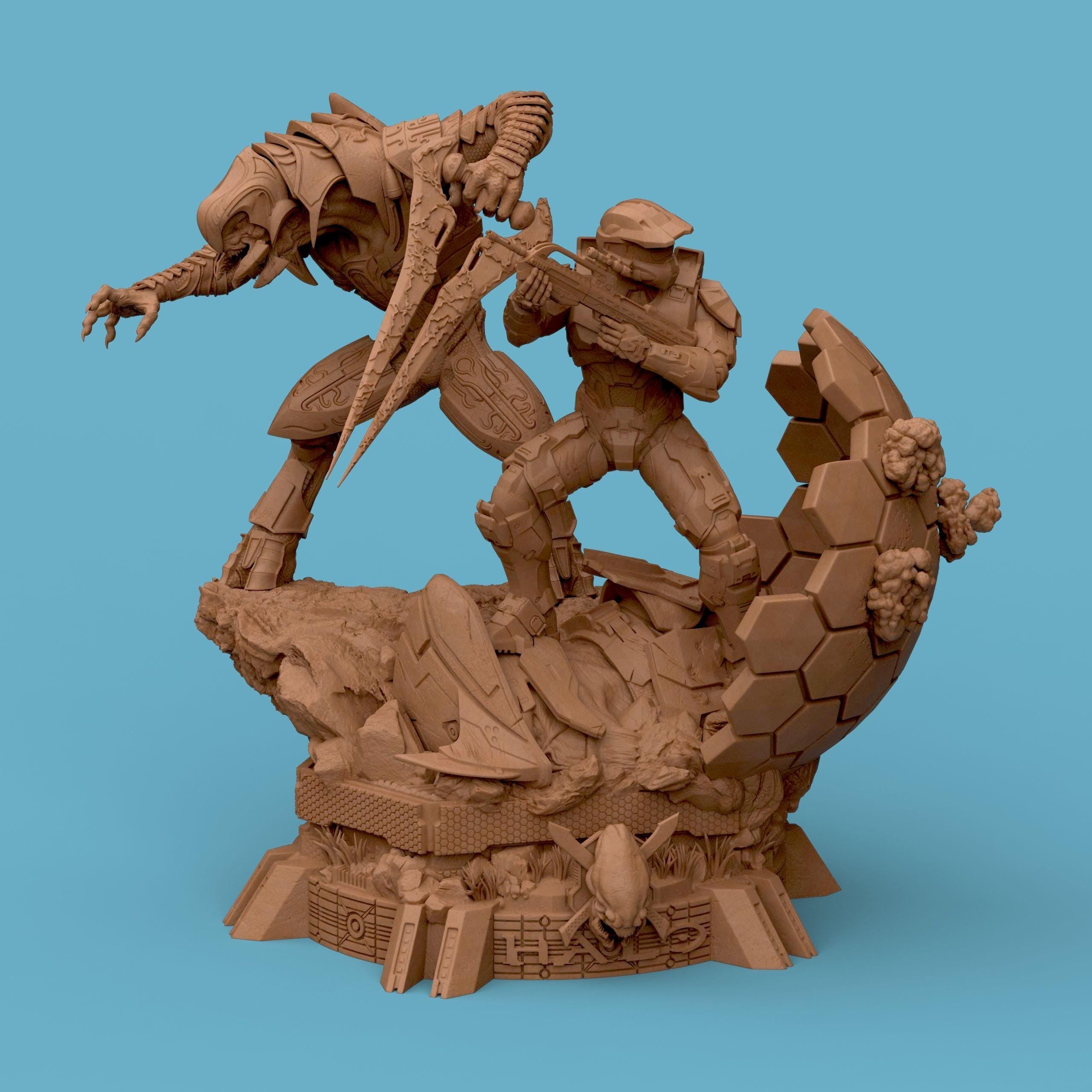 3D-printed diorama featuring the Arbiter and Master Chief locked in battle, captured in dynamic motion. The detailed scene showcases the two armored warriors clashing atop a sci-fi terrain with glowing energy blades and futuristic textures, embodying heroism, rivalry, and cinematic intensity — a perfect collectible for sci-fi fans and gamers.