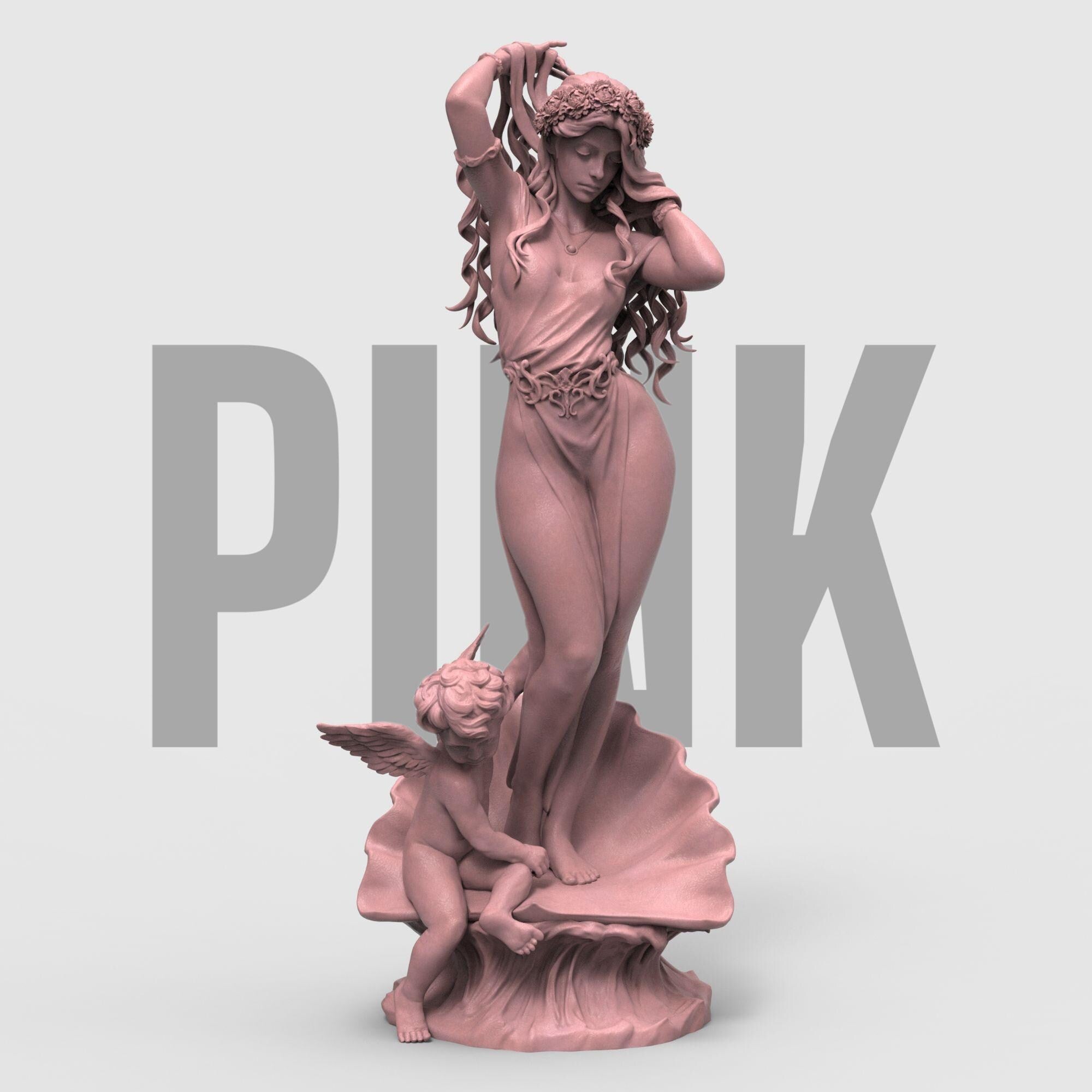 Aphrodite Robe Edition captures the goddess of love in an elegant pose, rising from a seashell as a cherub reaches toward her. This 3D-printed sculpture is a tribute to beauty and myth, featuring flowing hair, a delicate robe, and intricate detail that brings classical charm into any space.
