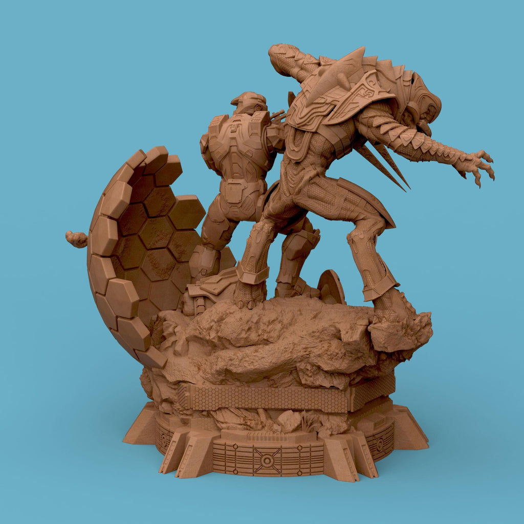 3D-printed diorama featuring the Arbiter and Master Chief locked in battle, captured in dynamic motion. The detailed scene showcases the two armored warriors clashing atop a sci-fi terrain with glowing energy blades and futuristic textures, embodying heroism, rivalry, and cinematic intensity — a perfect collectible for sci-fi fans and gamers.