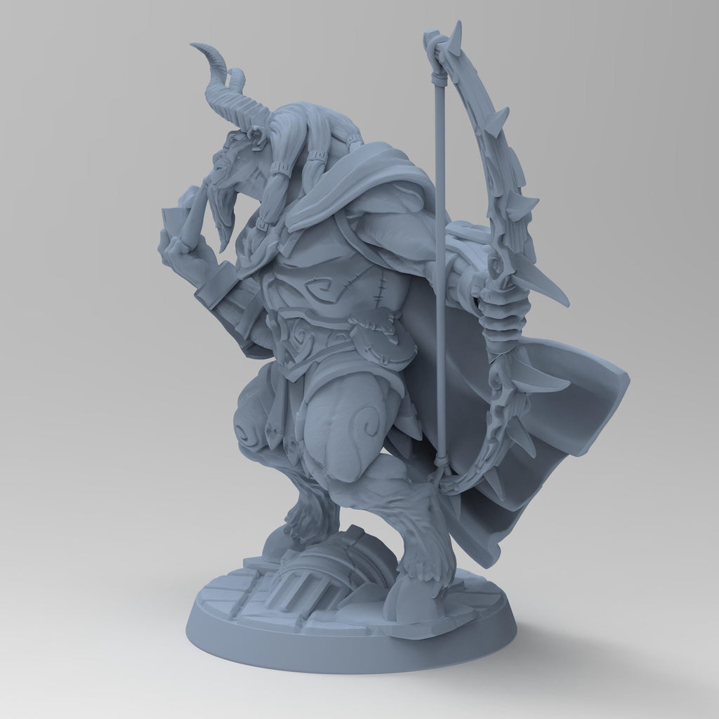 Arkos, the horned archer, strikes a pose with his ornate bow in one hand and a pipe in the other. Clad in ancient armor with a flowing cape, he stands over a broken helm, exuding calm dominance and mythic strength. A perfect fantasy tabletop hero.