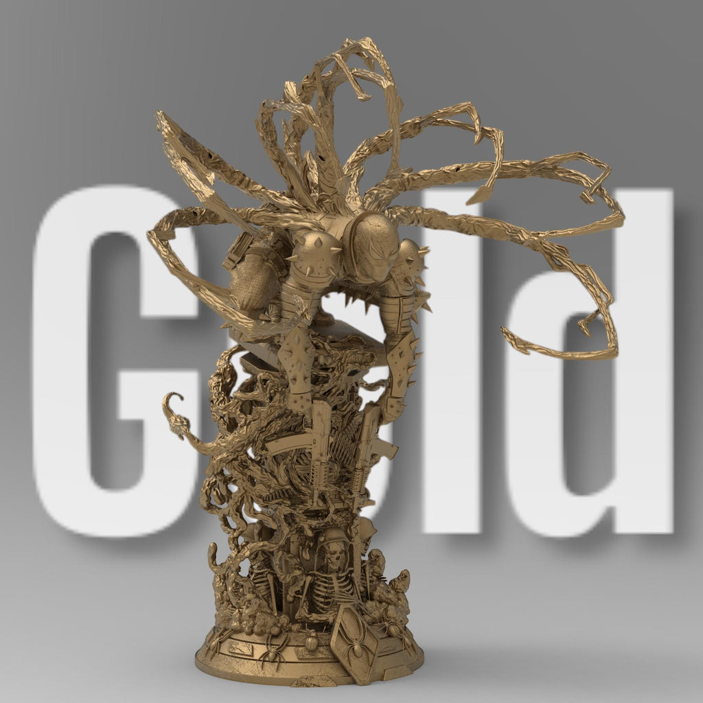 A detailed statue of Venom Agent, posed menacingly atop a chaotic, textured base filled with weaponry and skeletal remains. The figure is covered in spiked armor, with tendrils extending from the back, creating a dynamic and powerful stance.