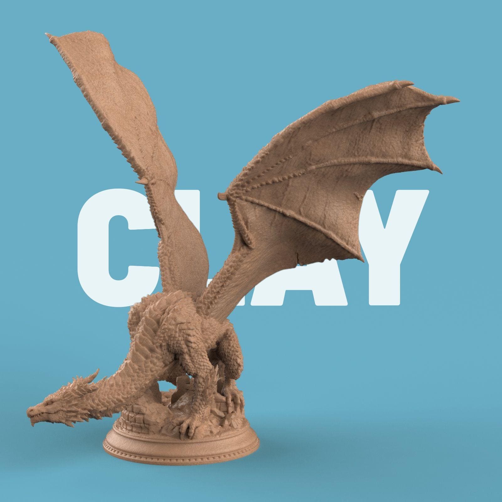3D-printed Azmordion Silver Dragon miniature with massive outstretched wings, detailed scales, and a coiled tail perched against a ruined stone wall. Fantasy dragon collectible perfect for tabletop games or display.