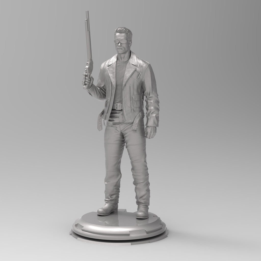 A 3D printed figurine of the Enforcer, featuring detailed clothing, sunglasses, and a shotgun. Captures the iconic look with a strong stance on a round base. Perfect for fans of the classic sci-fi film.