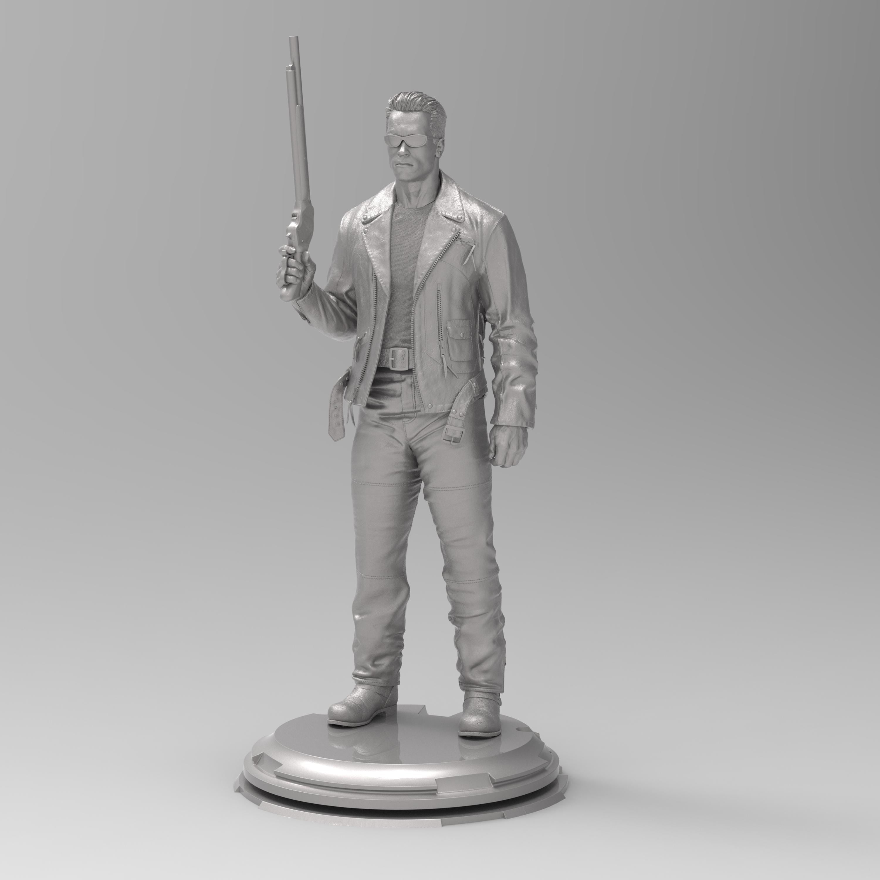 A 3D printed figurine of the Enforcer, featuring detailed clothing, sunglasses, and a shotgun. Captures the iconic look with a strong stance on a round base. Perfect for fans of the classic sci-fi film.