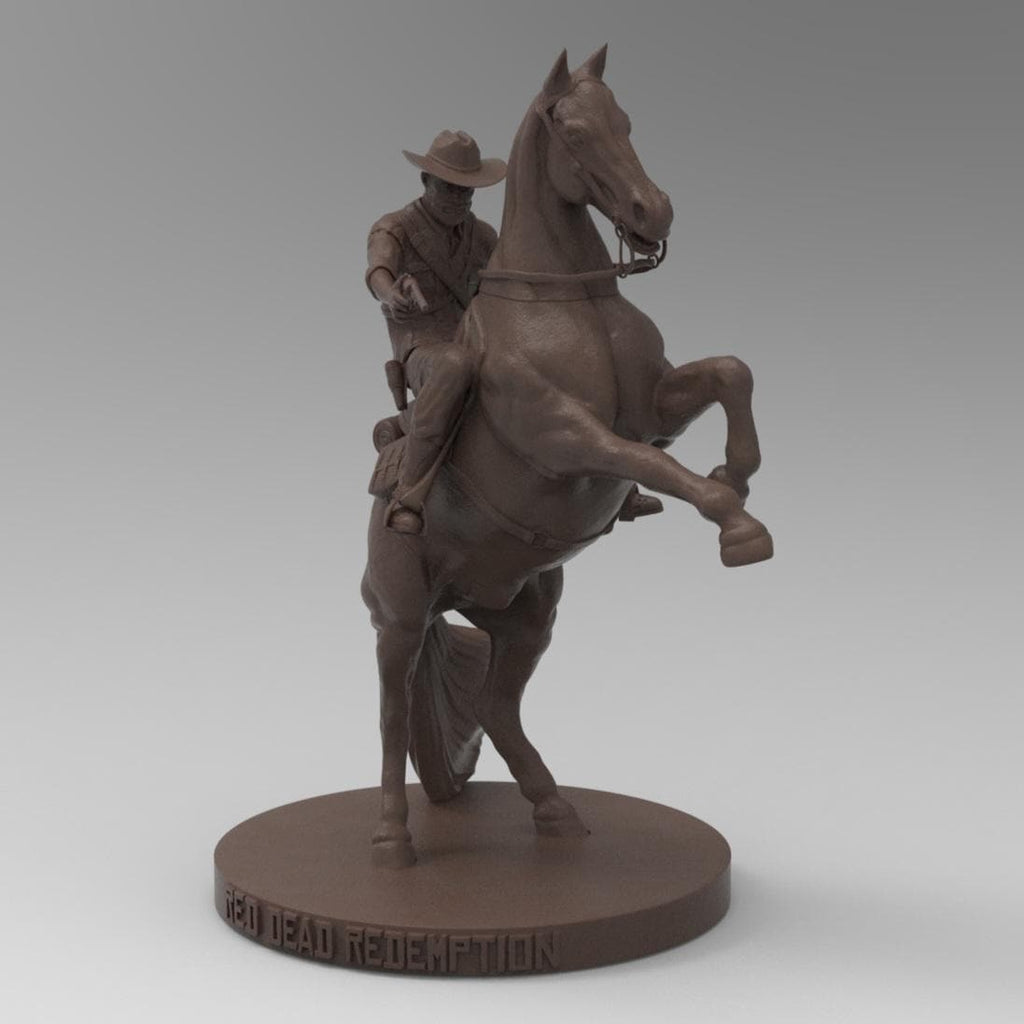 Antique wood-colored statue of The Wild West Cowboy, mounted on a rearing horse, holding a rifle, with intricate details on the base inscribed &#39;Red Dead Redemption.