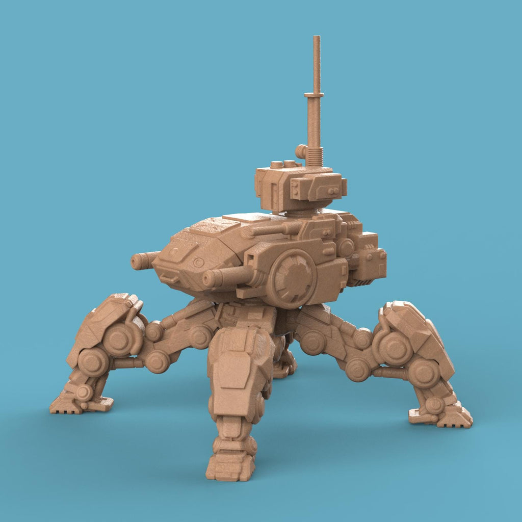 3D-printed Jabal Mech Assault Walker featuring four armored legs, heavy cannons, and radar unit. A detailed futuristic war machine miniature, perfect for tabletop gaming, collectors, and display.