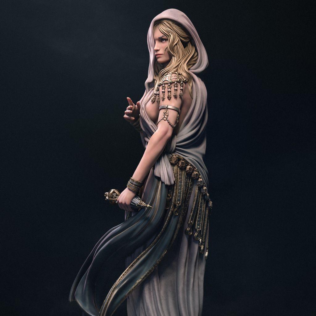 Klotho the Moirai, the spinner of fate, is captured here in an elegant and mysterious pose, cloaked in flowing robes and holding the thread of destiny. This highly detailed sculpture embodies grace, power, and mythic allure—perfect for collectors of fantasy art, mythology, and Greek legends.