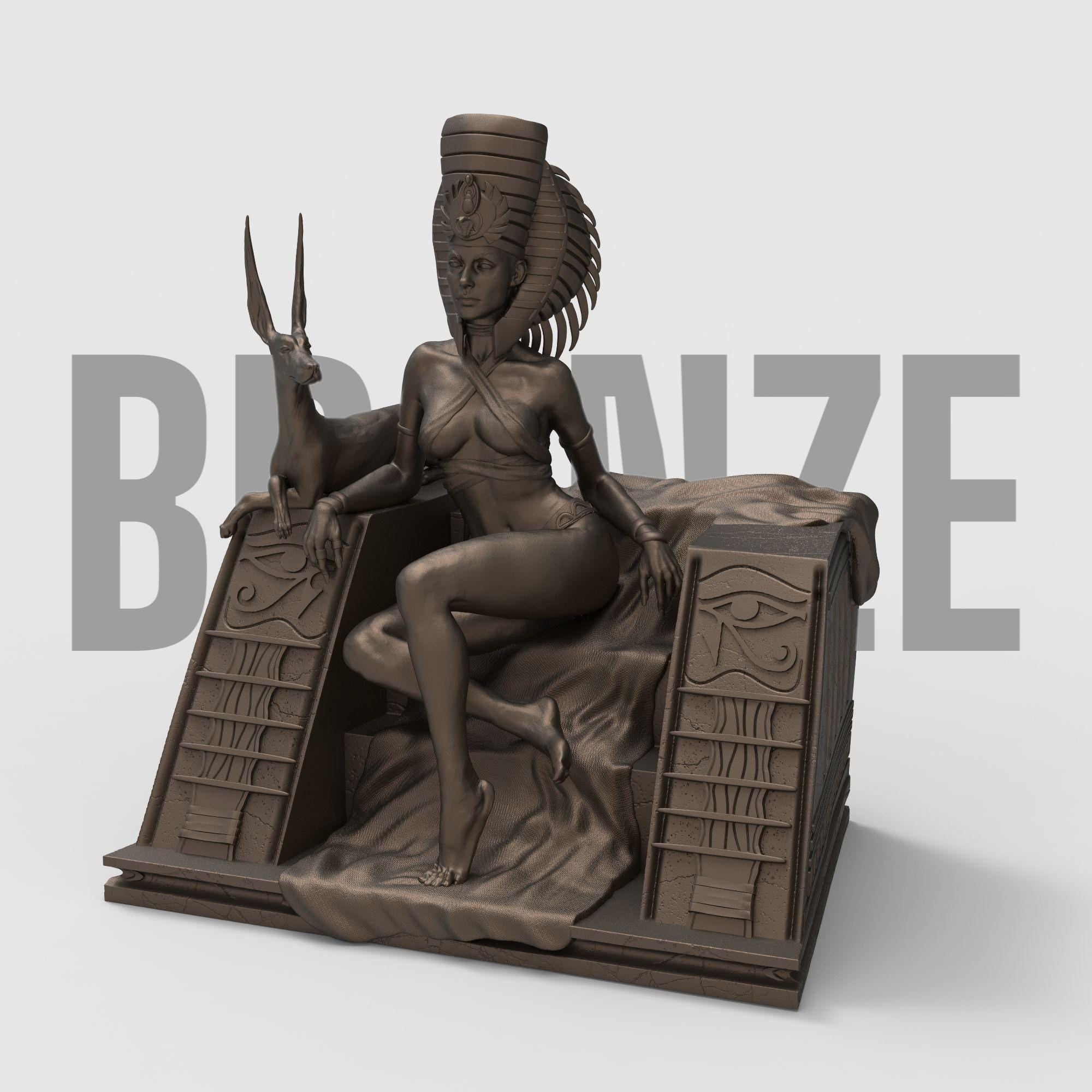 A majestic sculpture of Cleopatra seated in grace with two feline guardians at her side. Rich in Egyptian symbolism and detail, this piece evokes the mystery, power, and allure of ancient royalty. Perfect for collectors of historical or mythological art.