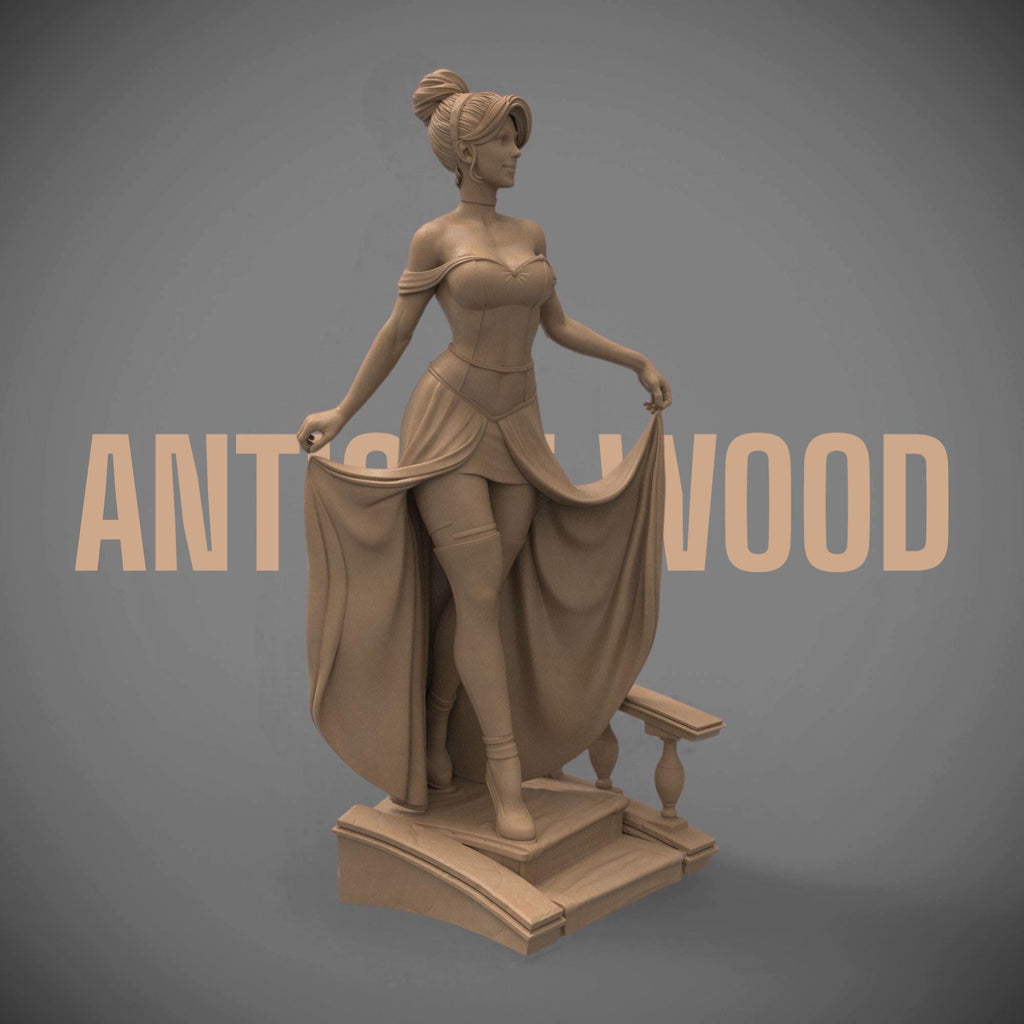 A bold reimagination of the classic princess, this stunning Elaria the Princess of Moonlight statuette blends elegance and seduction. With delicate details from her flowing dress to thigh-high stockings and glass slippers, she steps confidently down the royal stairs—one garter and lost shoe away from a fairytale twist.