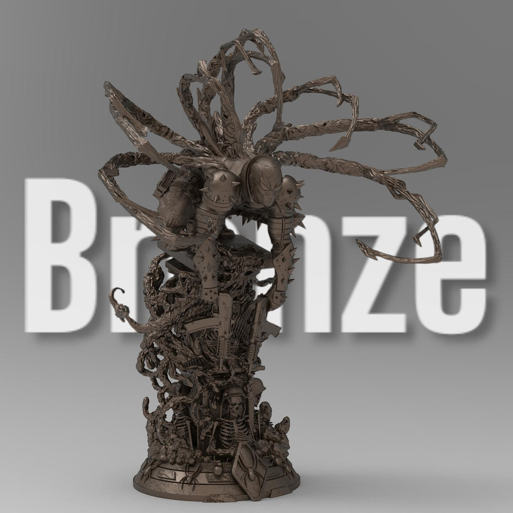 A detailed statue of Venom Agent, posed menacingly atop a chaotic, textured base filled with weaponry and skeletal remains. The figure is covered in spiked armor, with tendrils extending from the back, creating a dynamic and powerful stance.