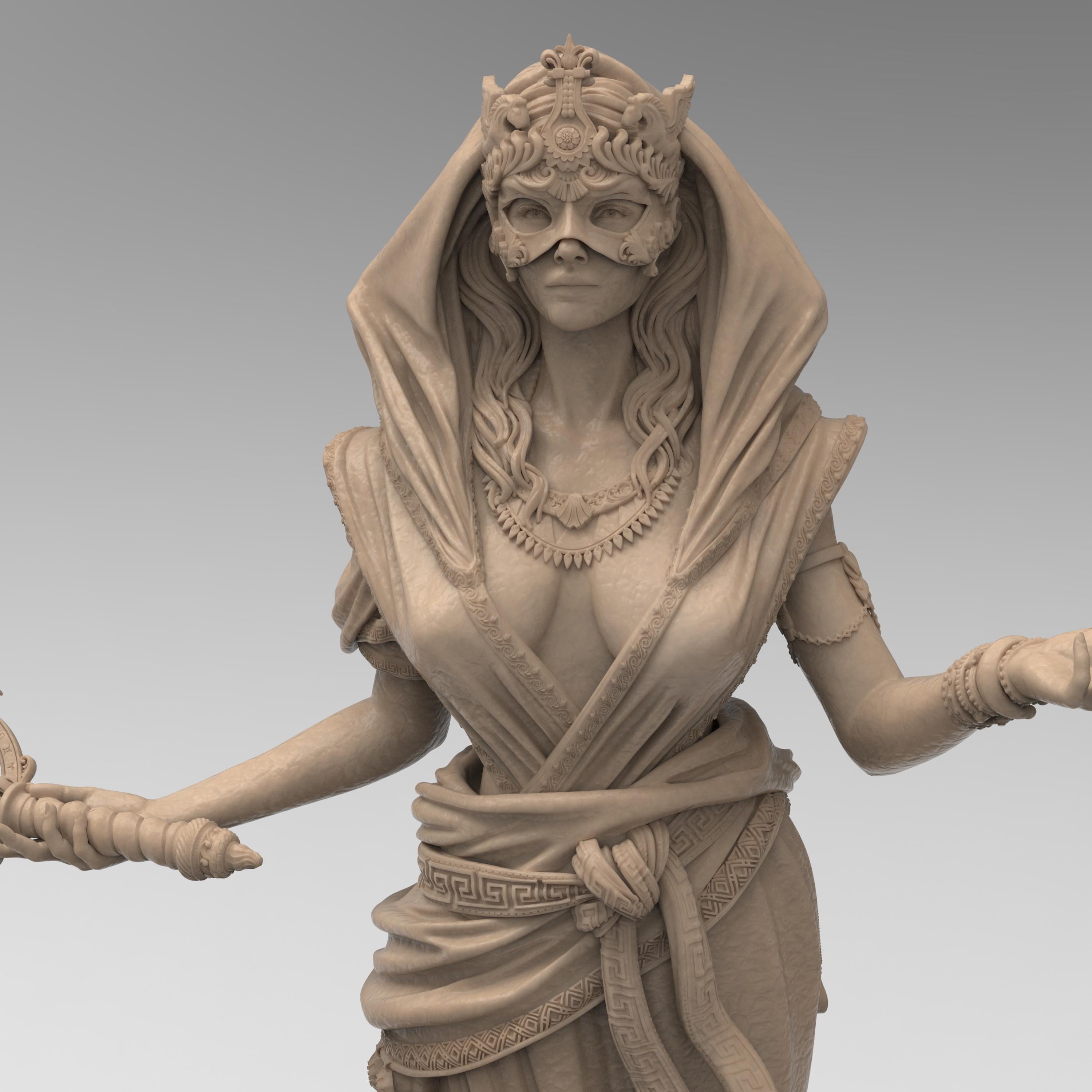 Elegant statue of Lakhesis, the Moirai. Draped in flowing robes with intricate details, a veiled face, and a majestic headdress. Symbolizing the measurer of fate, she stands with a poised and mystical presence.