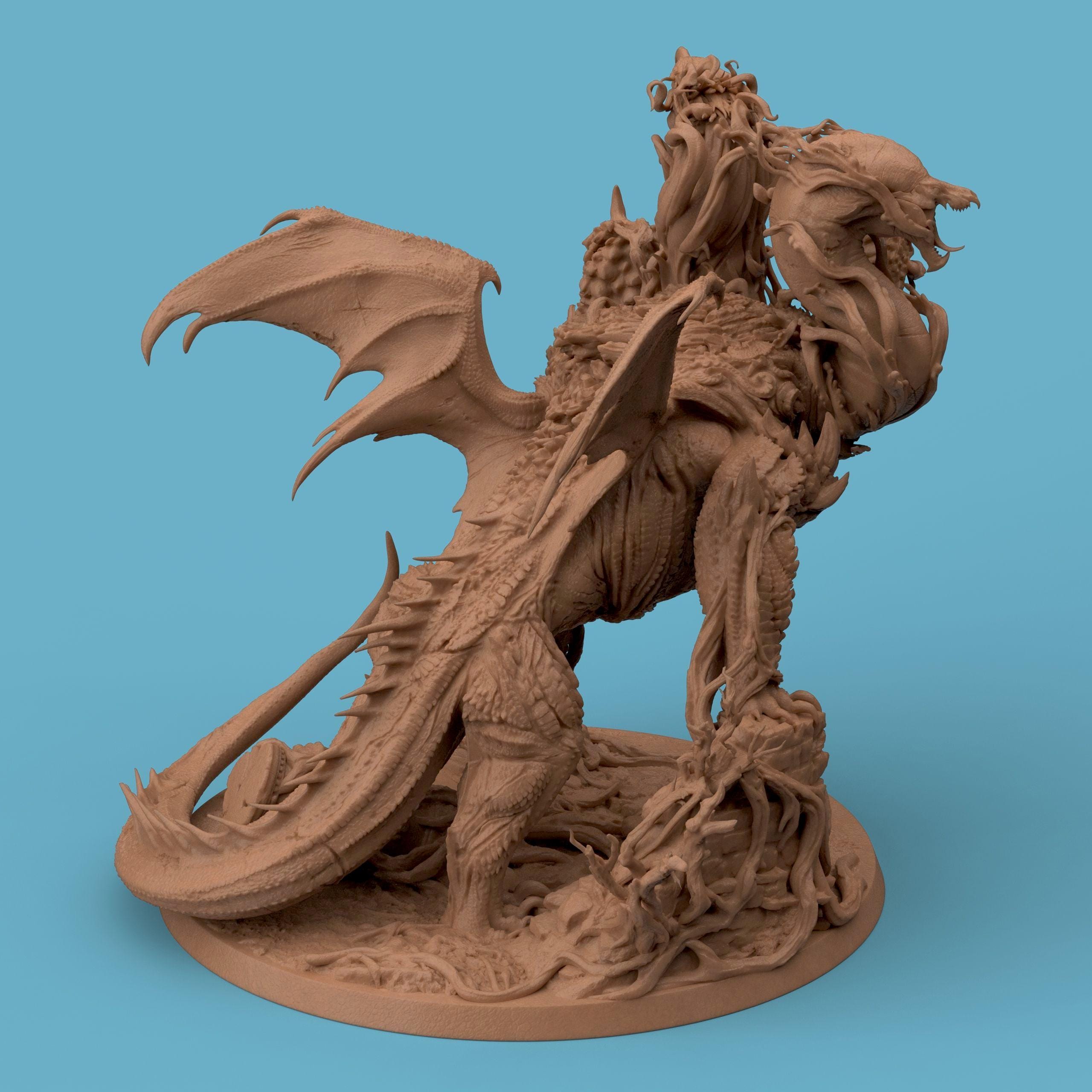 3D-printed Elemental Dragon miniature featuring an intricately sculpted dragon emerging from swirling organic roots and elemental textures. The creature combines stone-like scales, flowing tendrils, and powerful wings, embodying the fusion of nature and elemental power — a striking fantasy collectible for dragon enthusiasts and tabletop gamers.