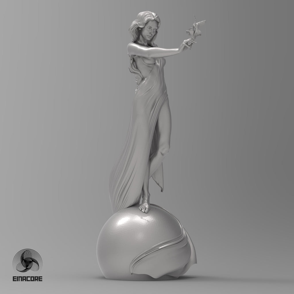 Statue of Eirene, the Goddess of Peace, featuring a serene woman with flowing hair, holding a dove. She stands gracefully on a spherical base, symbolizing harmony and balance.