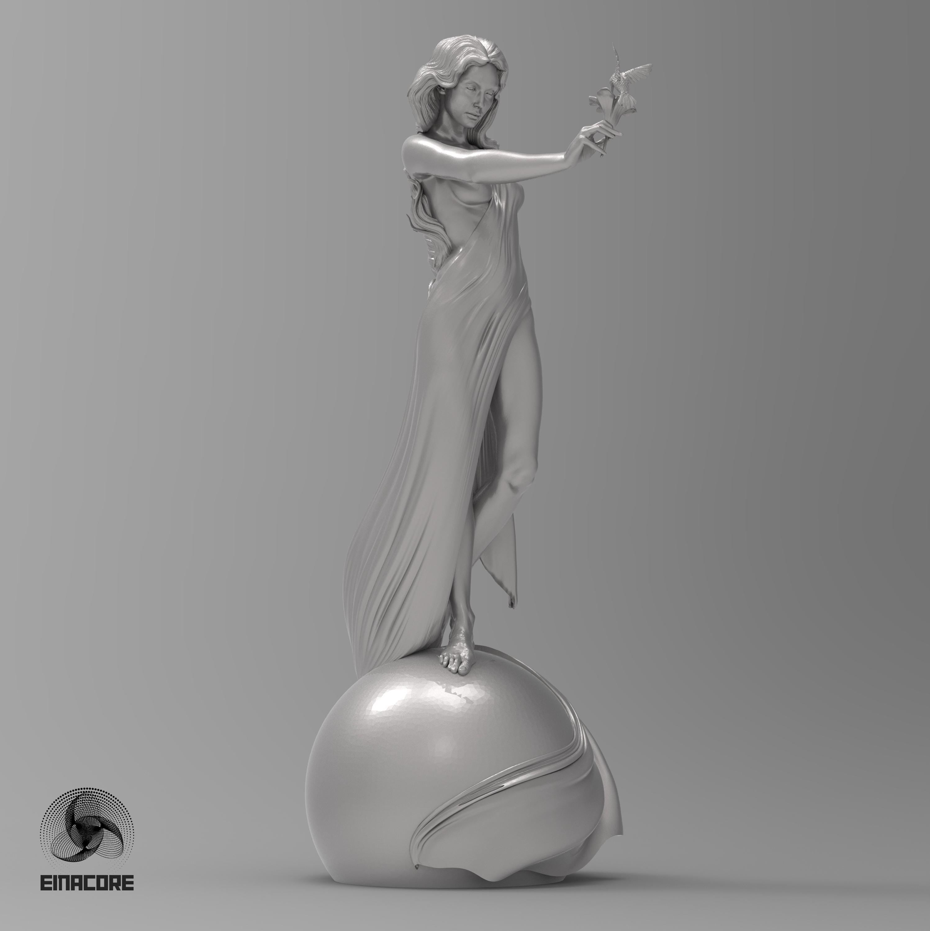Statue of Eirene, the Goddess of Peace, featuring a serene woman with flowing hair, holding a dove. She stands gracefully on a spherical base, symbolizing harmony and balance.